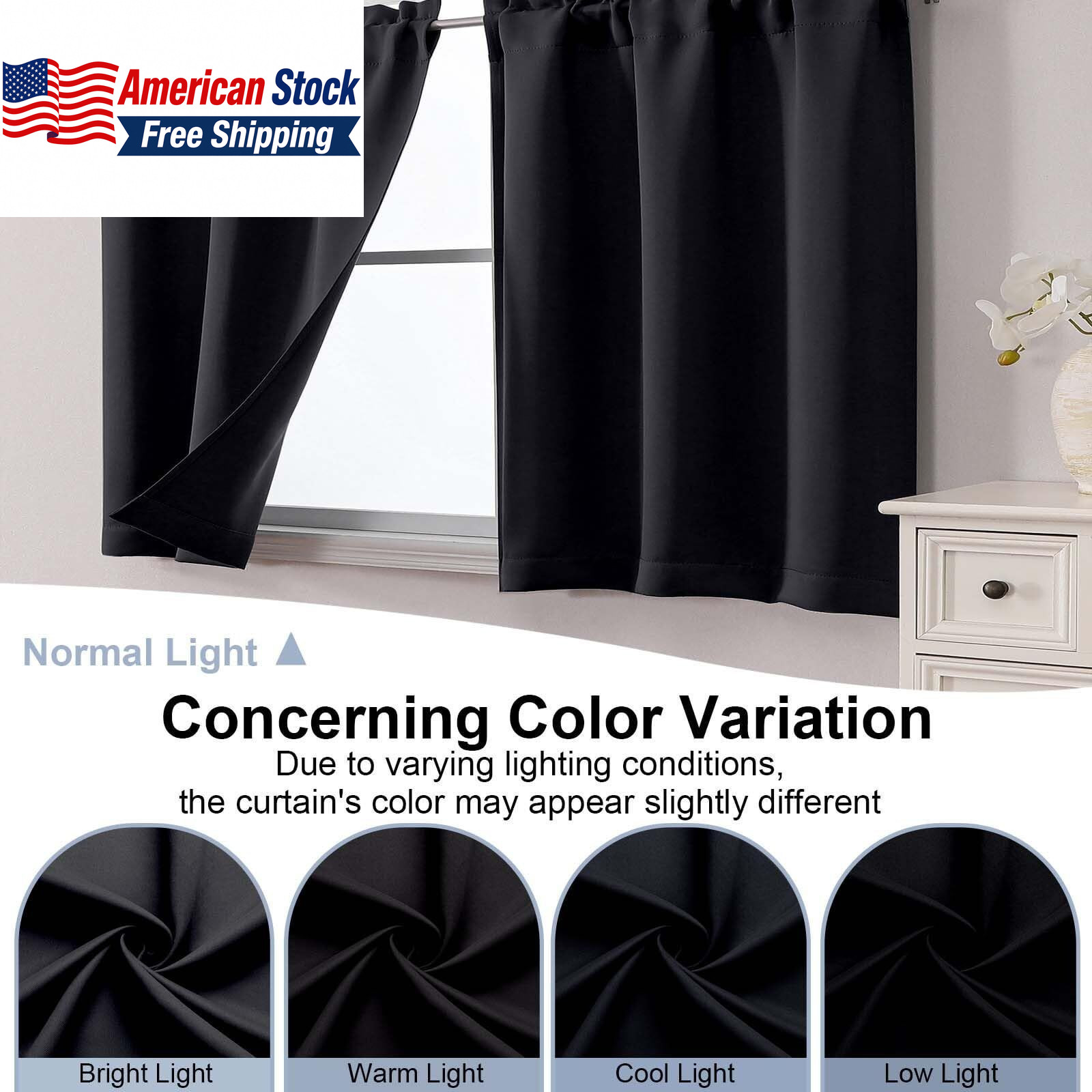 2PCS Blackout Tier Curtains 30x36in Black Thermal Insulated FROM USA