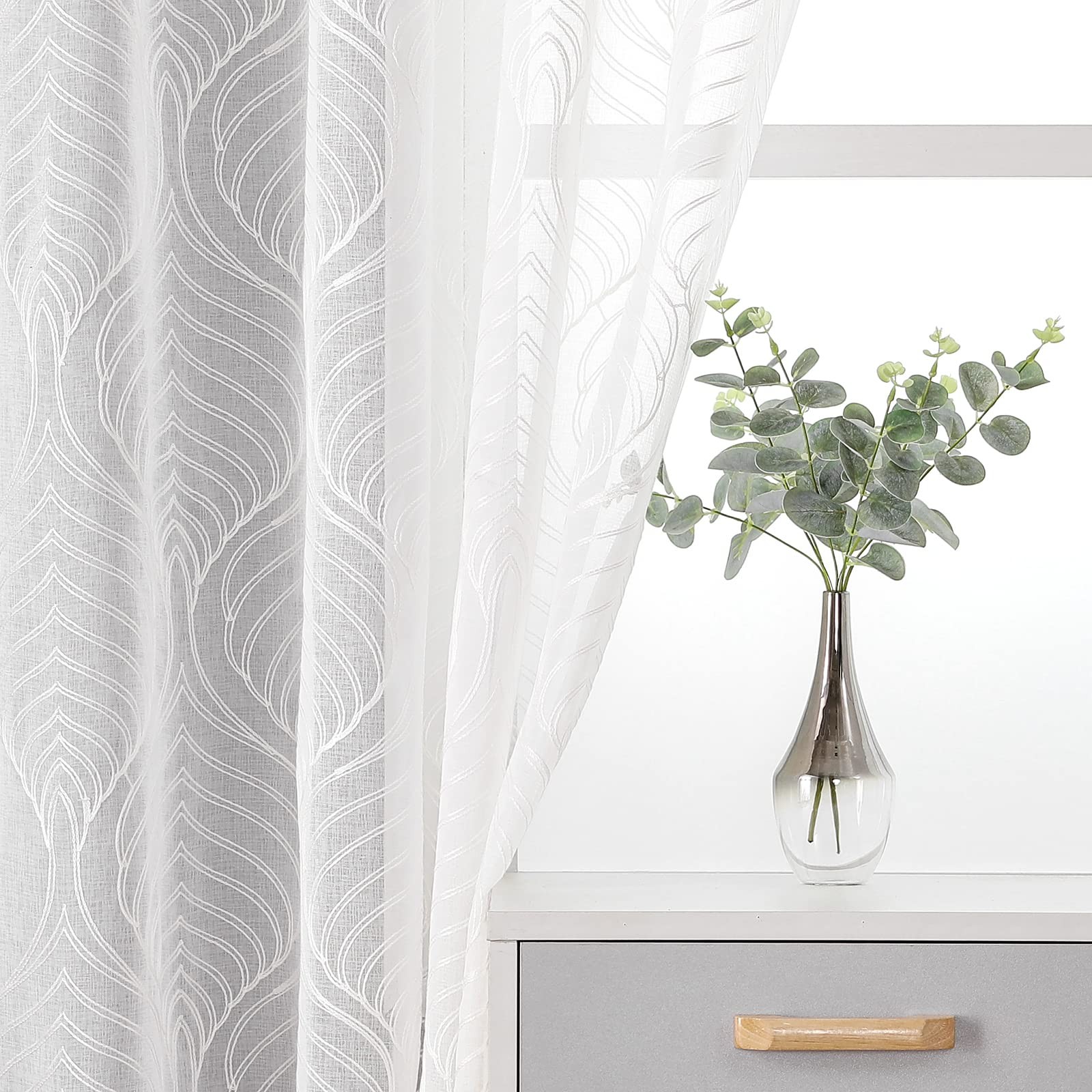 Sheer Curtains 72 Inches Long 2 Panels Set, White Moroccan Embroidery Texture…