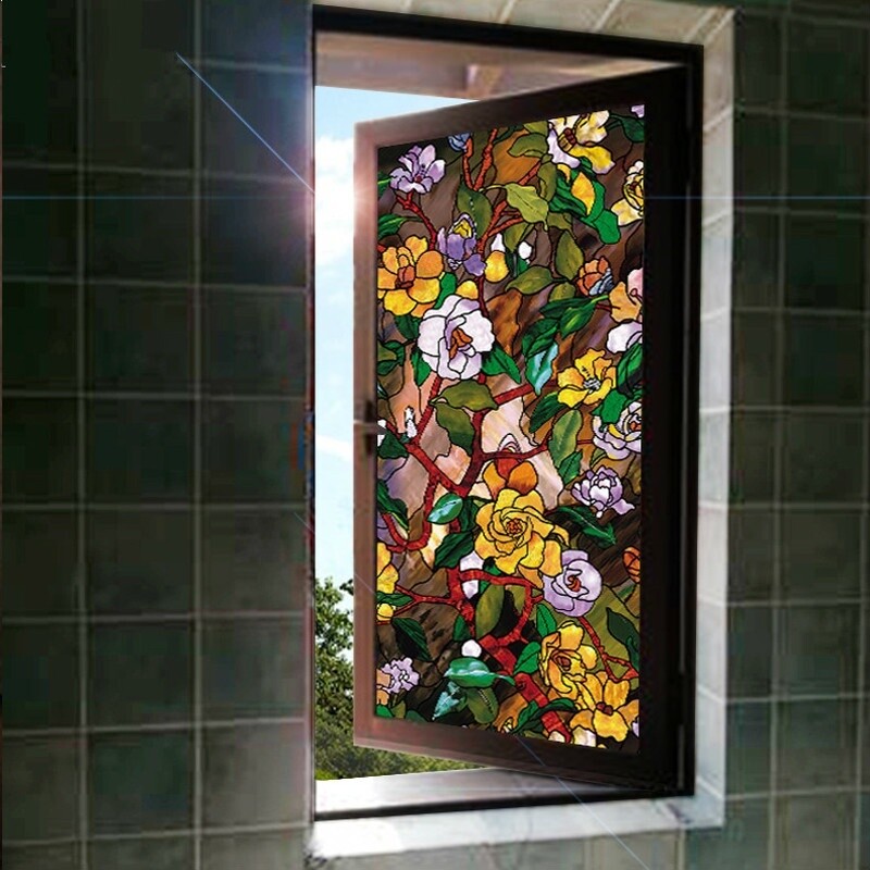 3D Stained Camellia Window Films Static Cling Frosted Glass Sticker Opaque