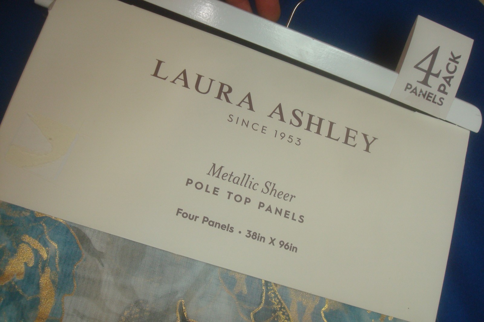 NWT Laura Ashley 4 pc Curtains Metallic Floral Sheer Aqua Gold each 38 x 96″ lg