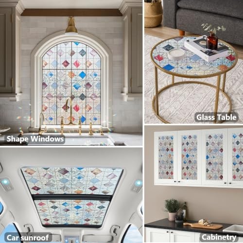Window Privacy Film with Tools, Rainbow Stained Glass 17.5 x 78.7 Inch Diamond