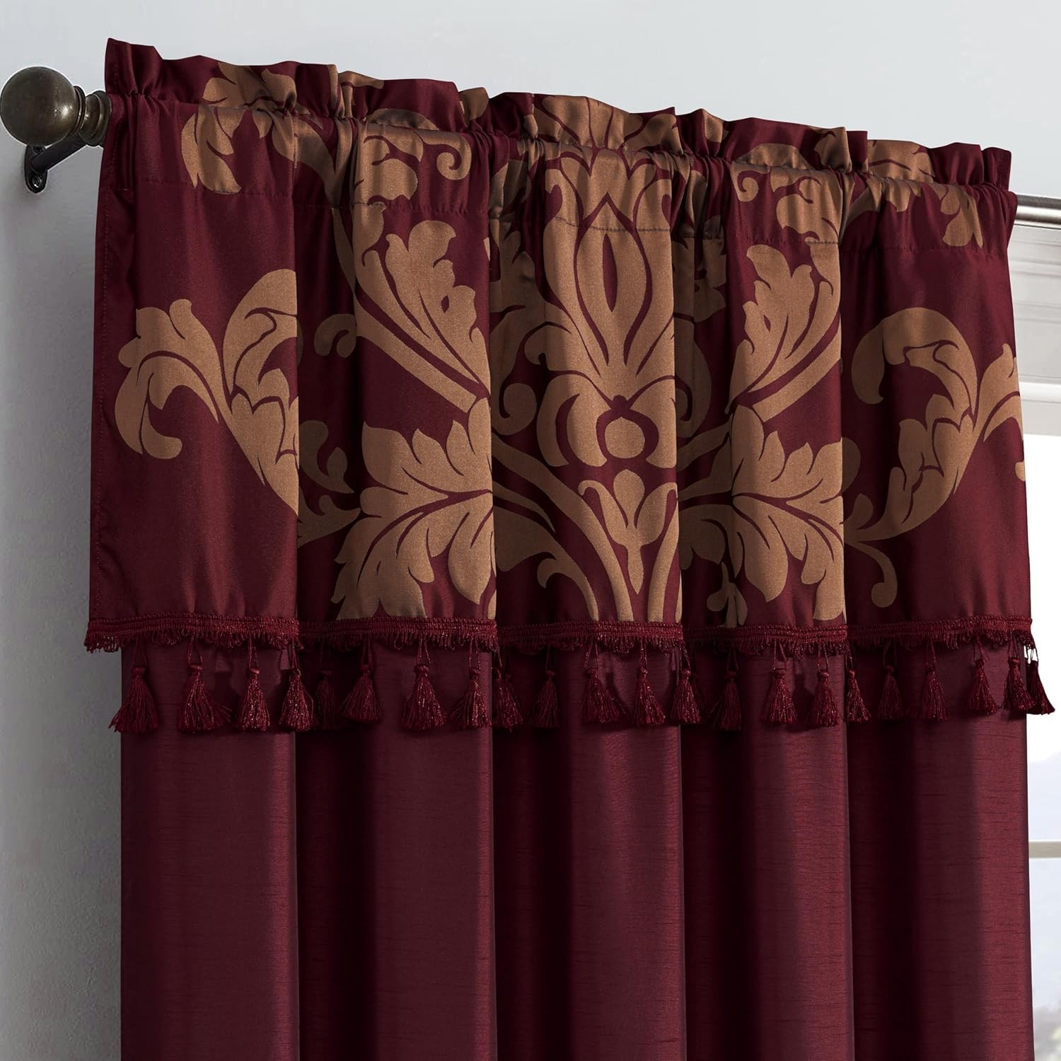 Luxury Jacquard Floral 4 Piece Window Curtain Set with Valance Sheer Maroon Gold