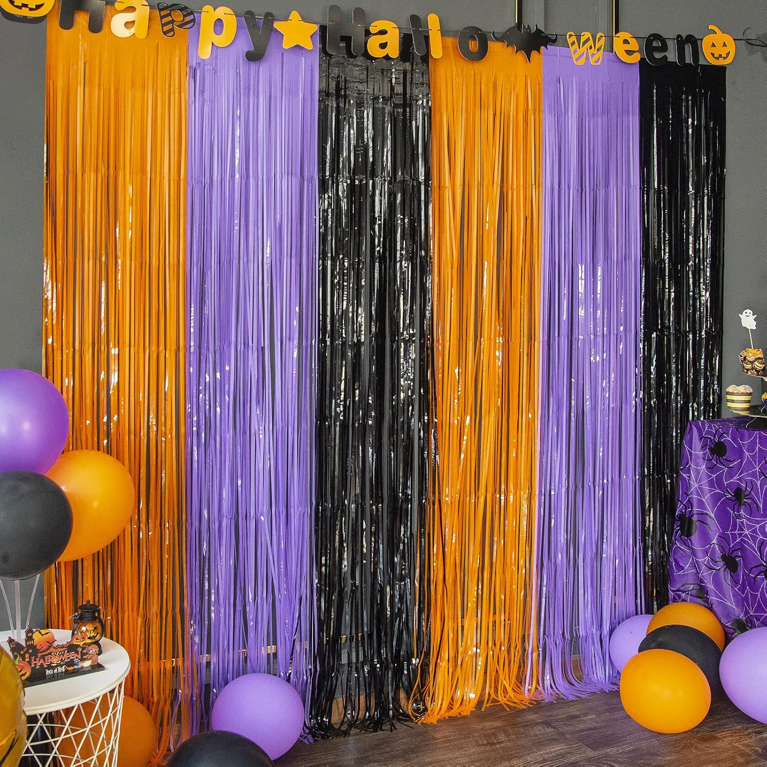 Halloween Orange Purple Black Foil Fringe Curtains 3 Pack | 3.3 X 6.6 Ft,Hallowe