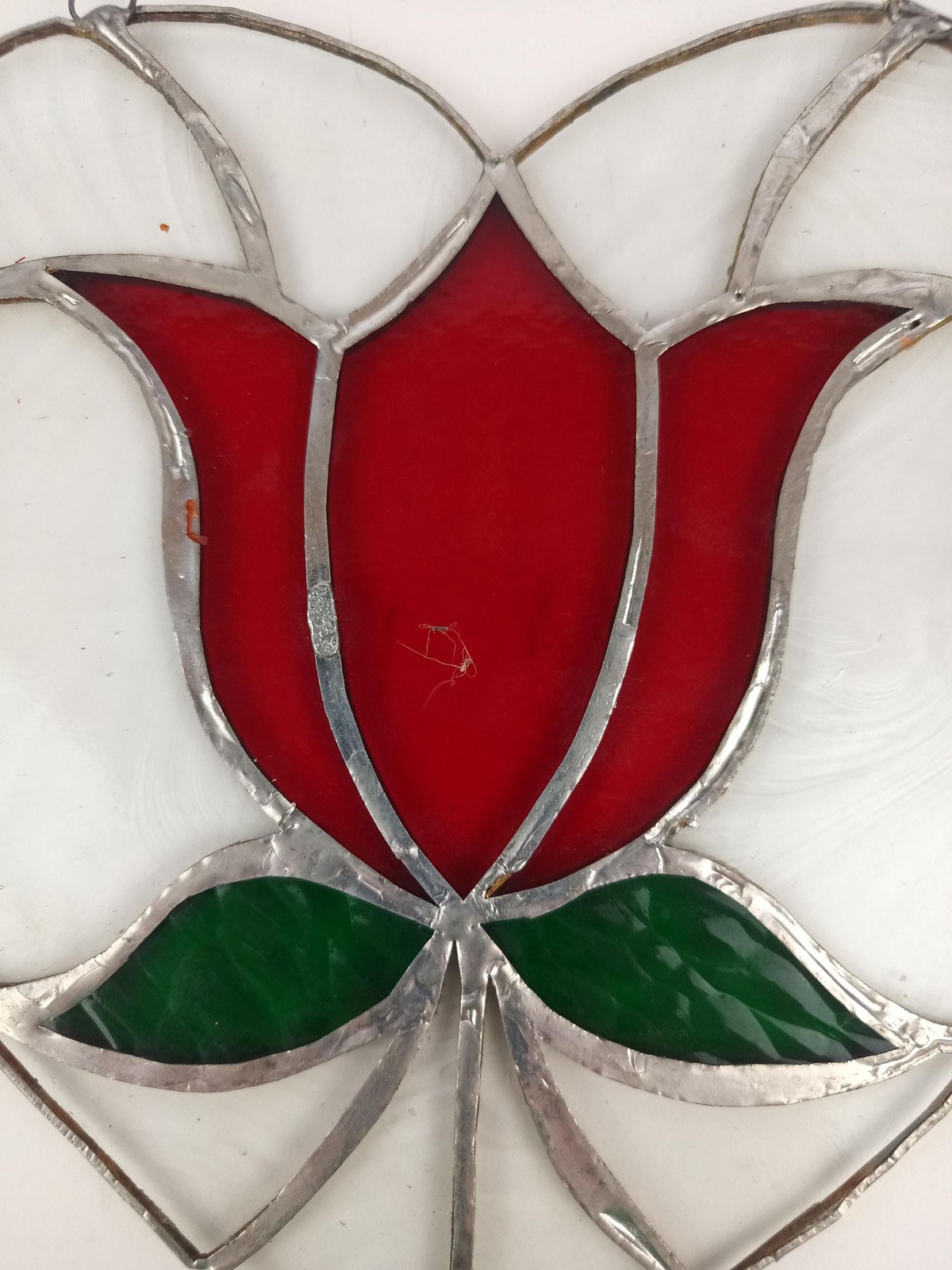 Stained Glass Panel Wall Hanging Window Decor 8 x 8 In Red Tulip Art Glass