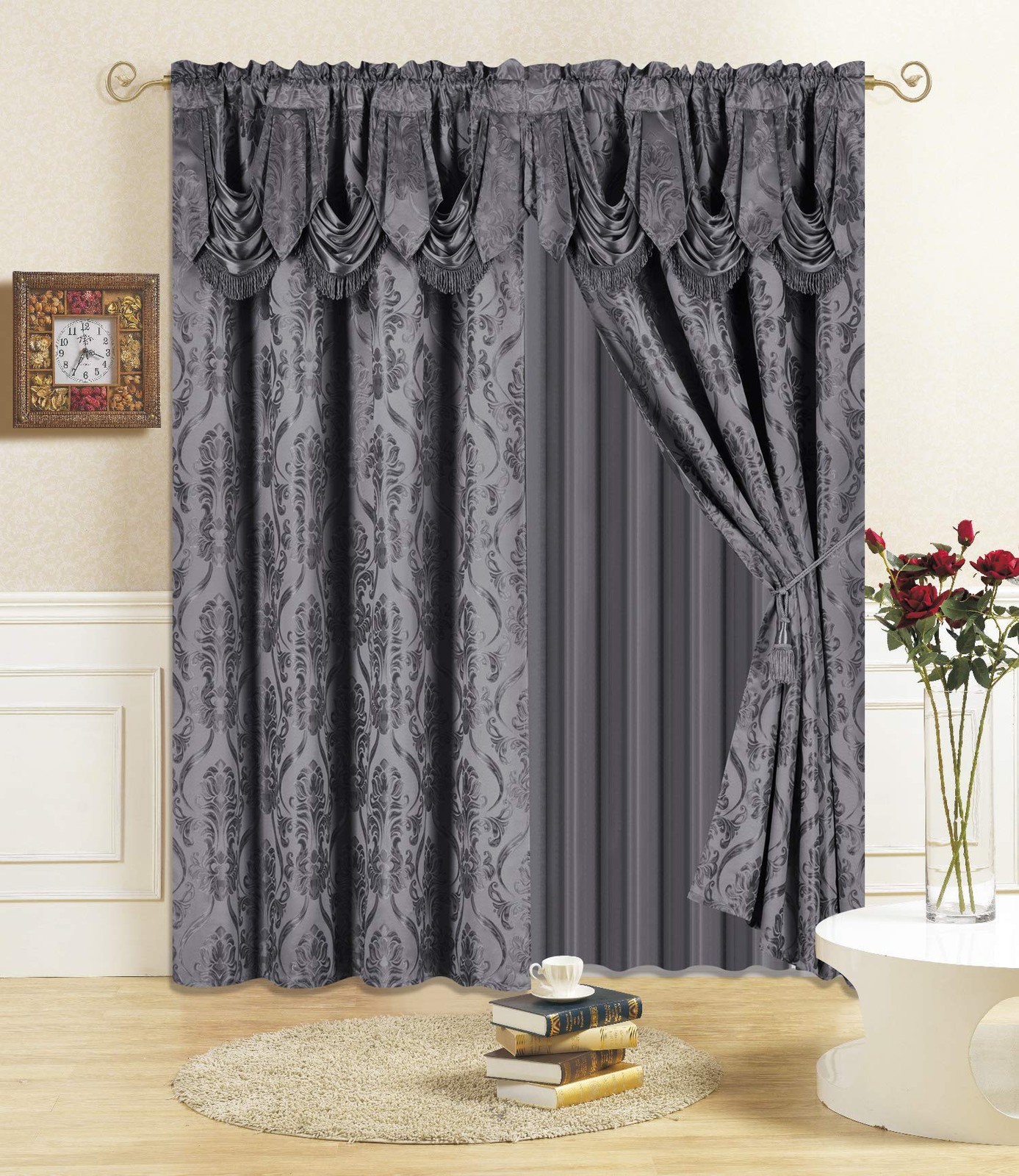 All American Collection 4 Piece Drape Set Attached Valance And Sheer 2 Tie
