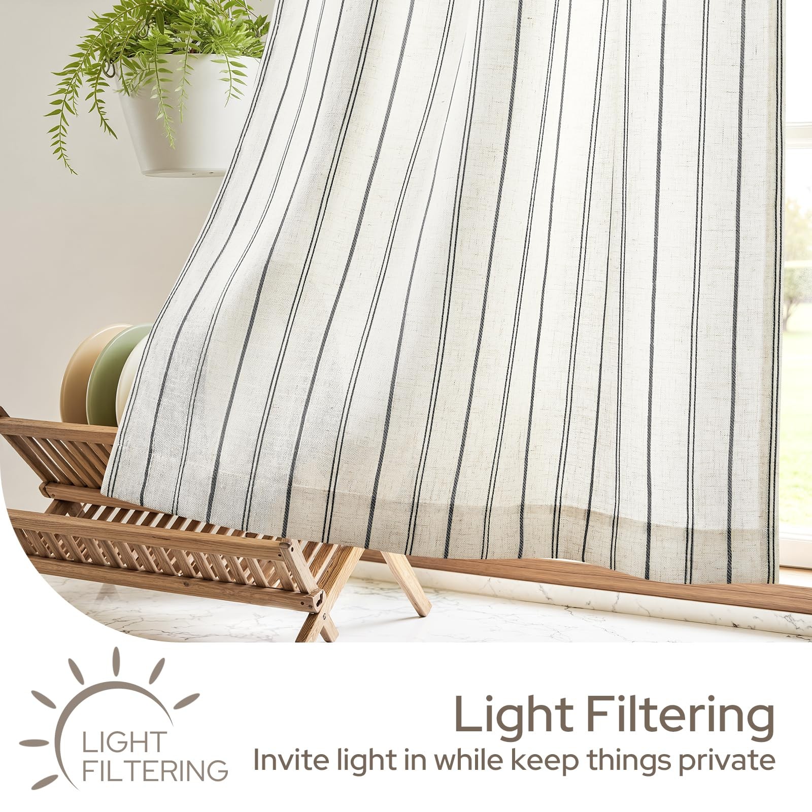 Striped Linen Kitchen Curtains 36 inches, Boho Farmhouse Light Filtering Natu…
