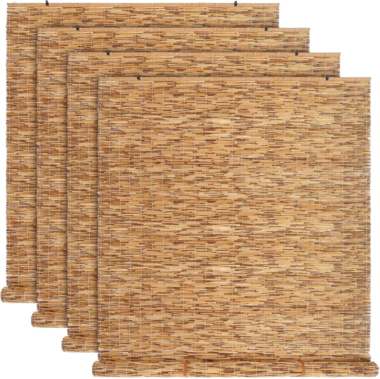 4 Pcs Cordless Bamboo Roll-Up Blinds 48″x72″ Blackout Sunshade Carbon Brown