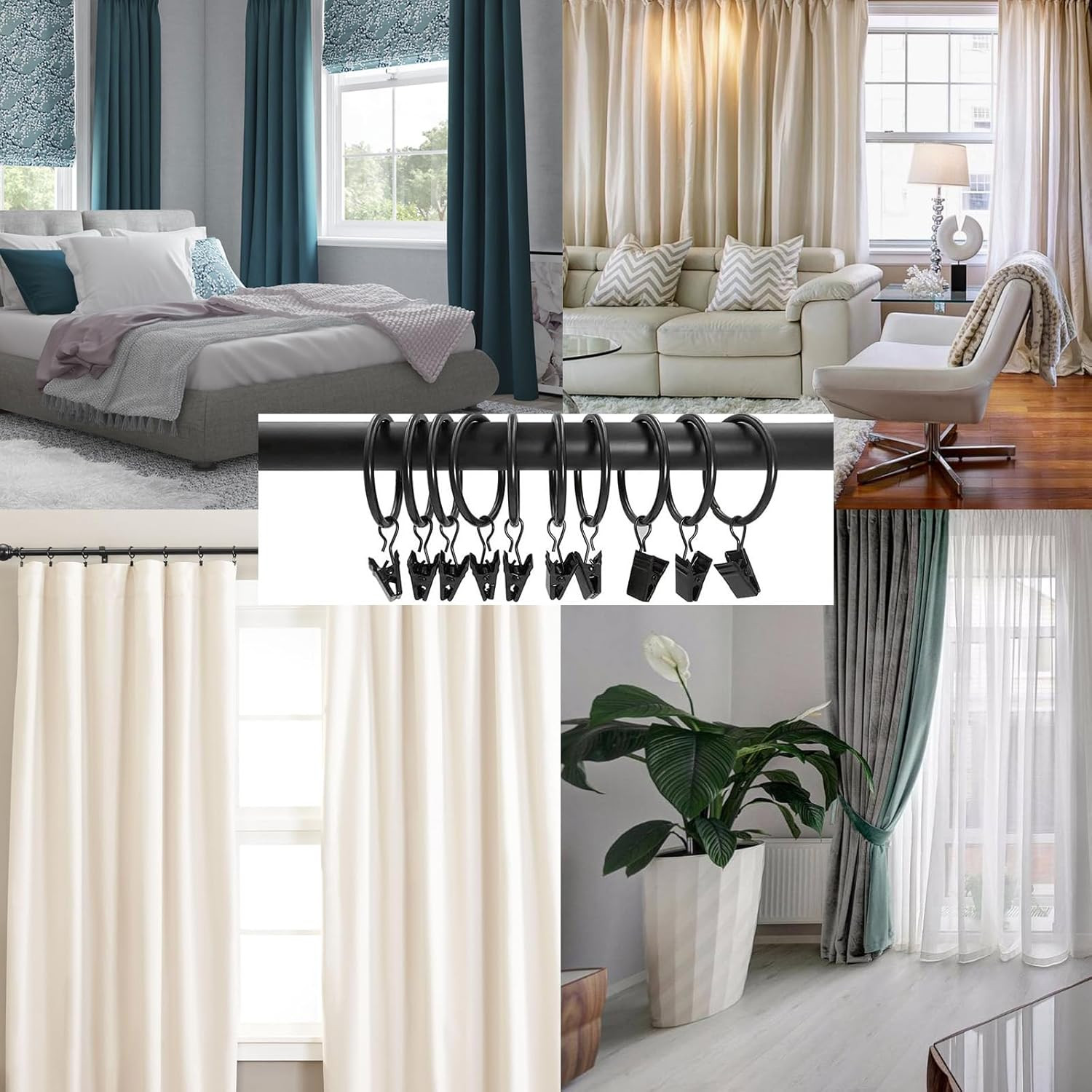 16 Pack Curtain Rings with Clips, Window Clip Rings Black Curtain Hooks Hangers