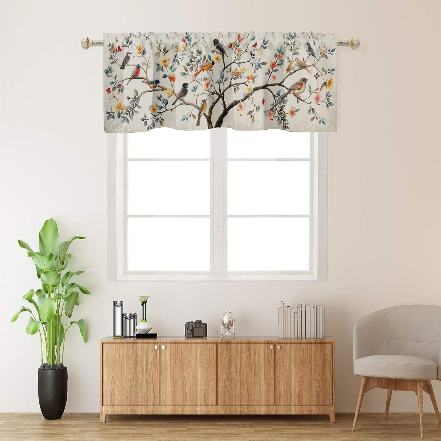 Bird Kitchen Curtain Valances Boho Tree Fallen Leaf Cartoon Beige Rod Pocket