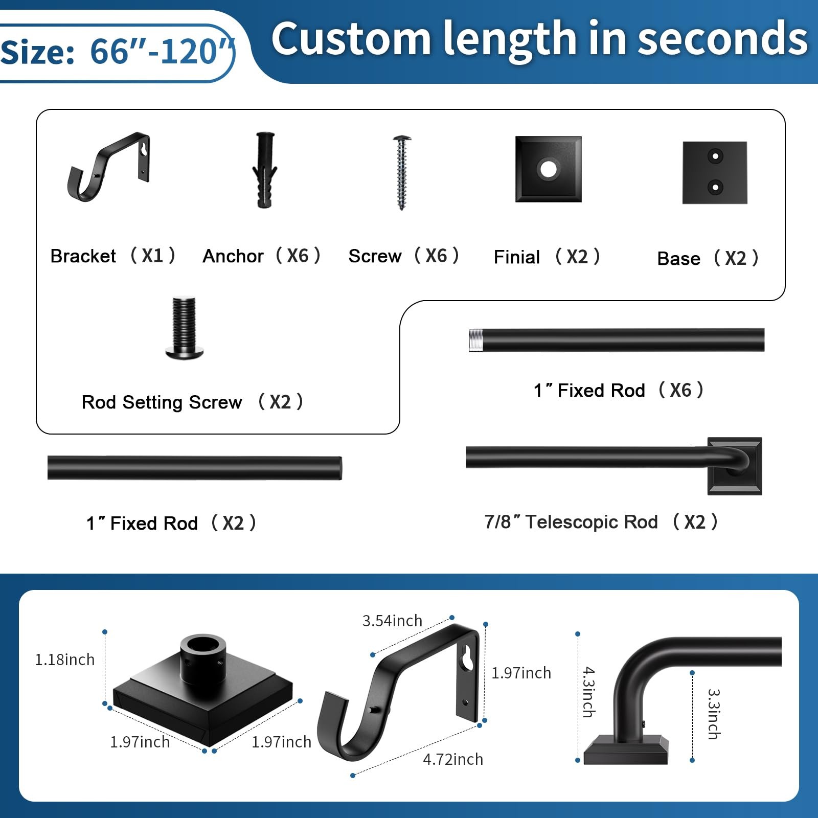 Black Curtain Rods for Windows 66-120Inch(5.5-10ft) Heavy 66″-120″,