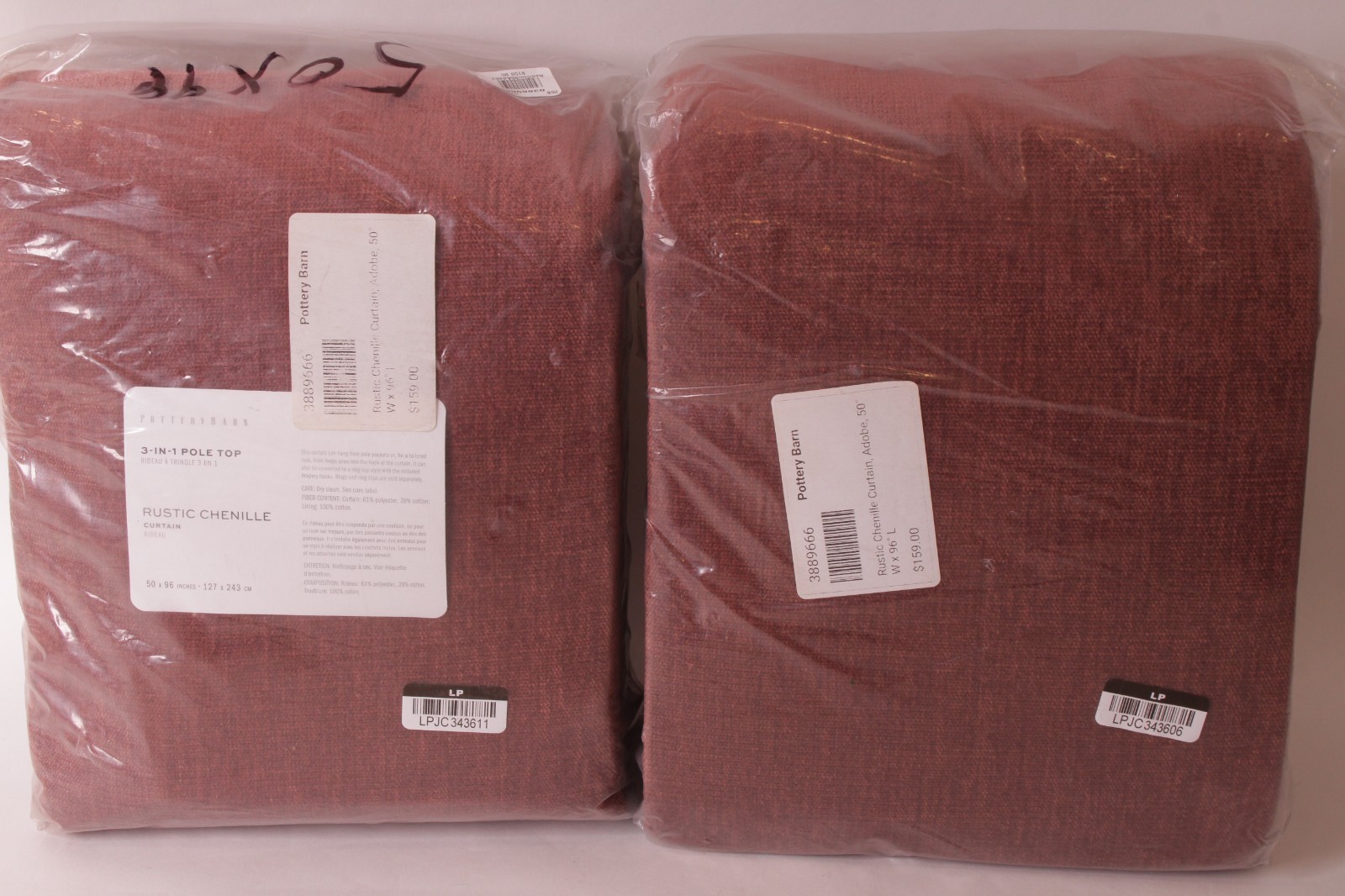 set/2 Pottery Barn Rustic Chenille curtain panels, 50 x 96, adobe (red)
