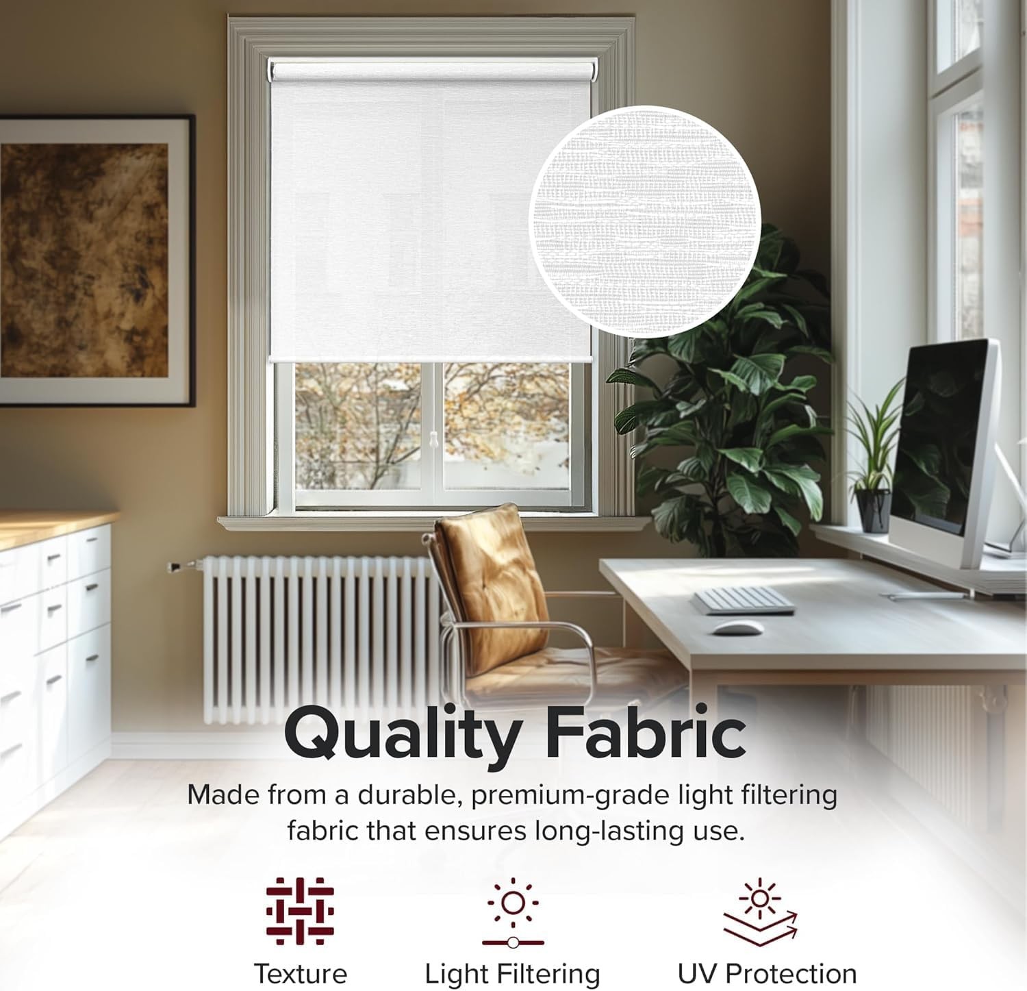 Cordless Roller Shades for Windows, Pull Down Window Blinds, Easy Install with