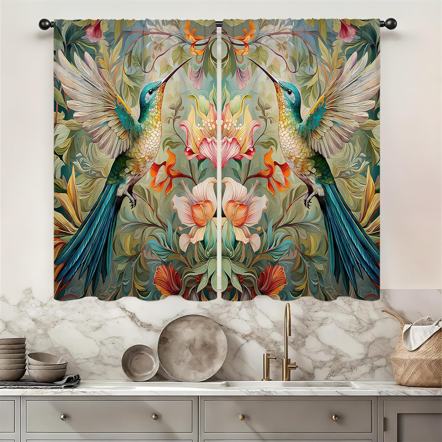 Vintage Floral Hummingbird Kitchen Curtain 27.5W X 39L Inch 2 Panel Rod Pocket W