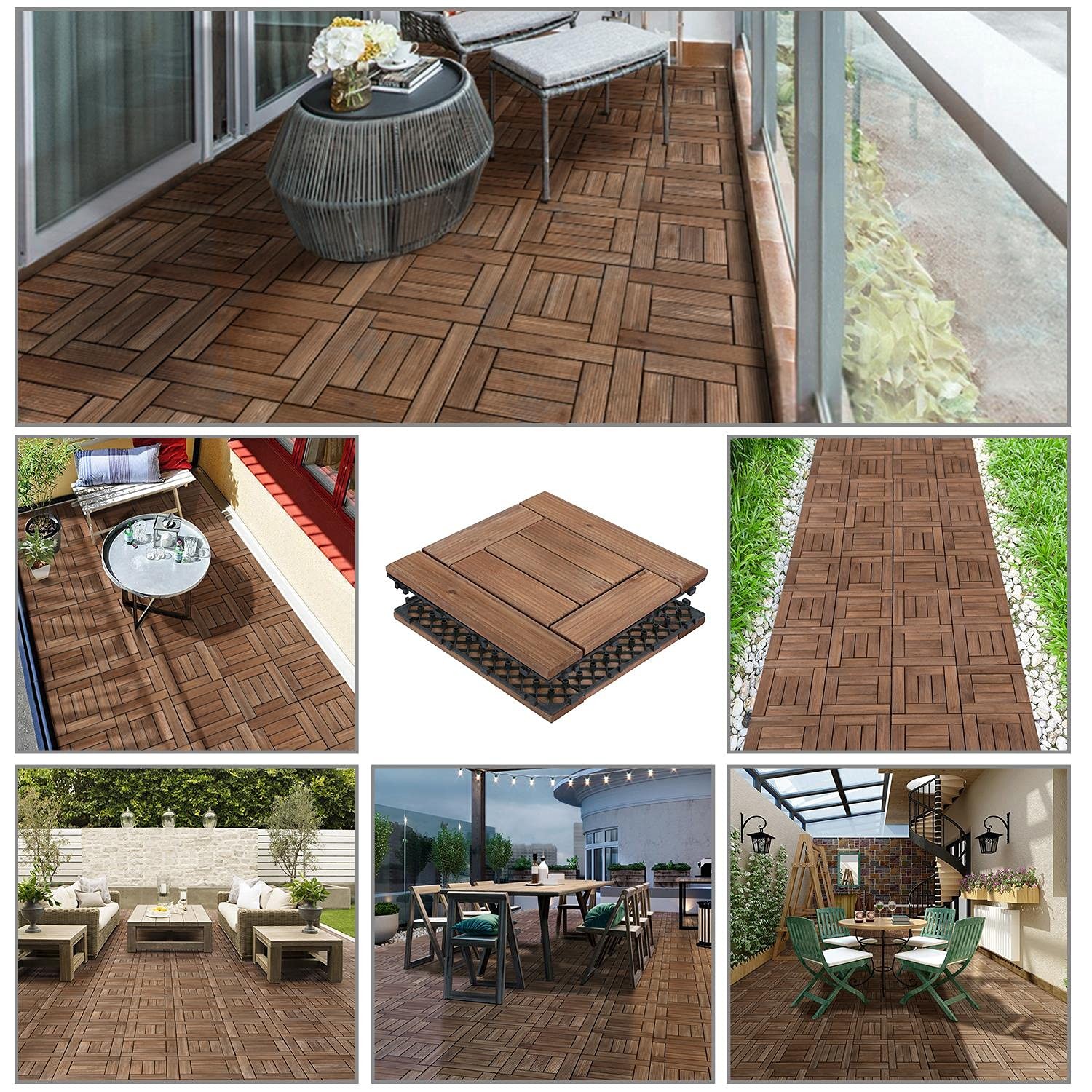 27PCS Patio Deck Tiles Interlocking Wood Decking Floor Tiles 12 x 12in Brown