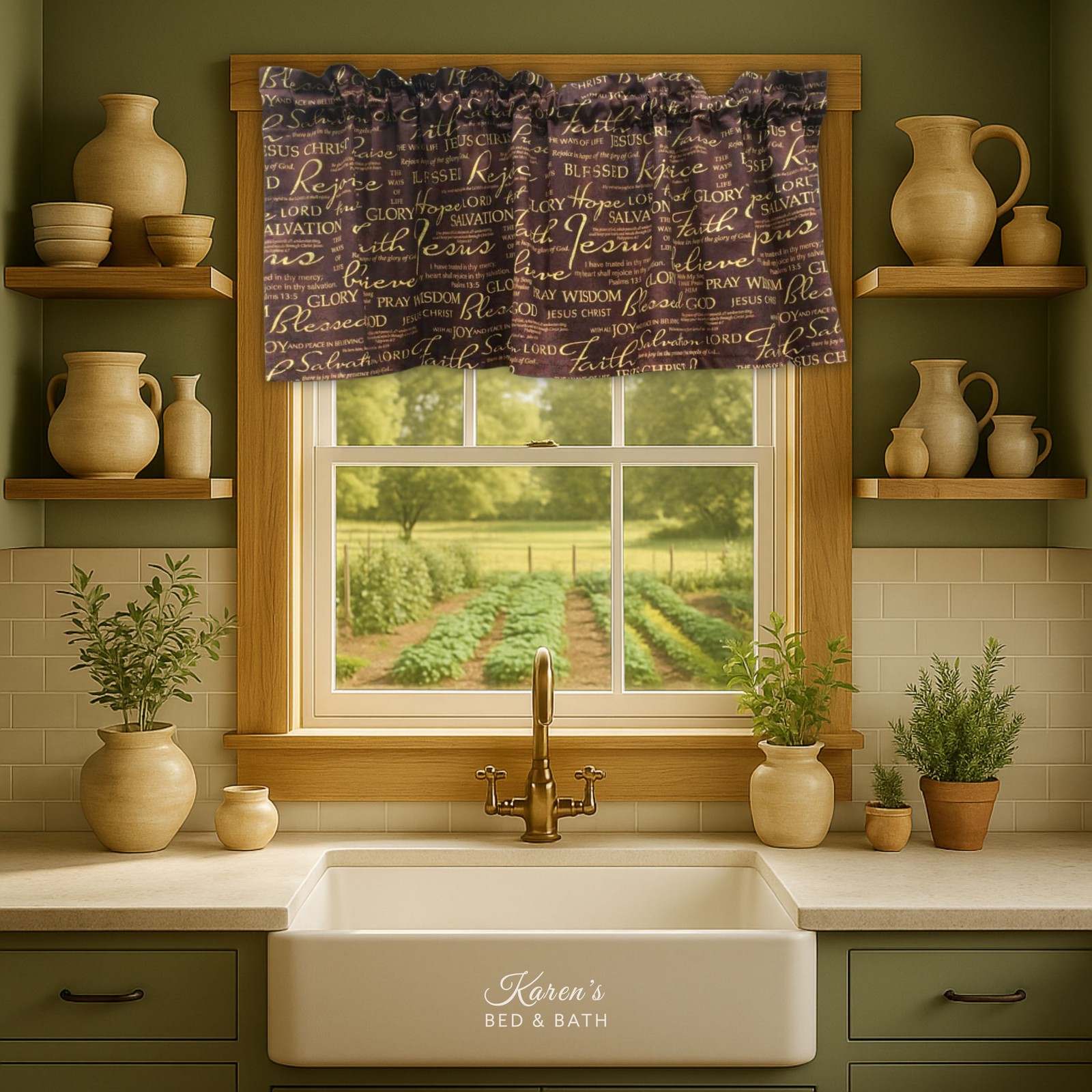 Faith Valance – Christian Scripture Word Curtain Brown Gold Inspirational Decor