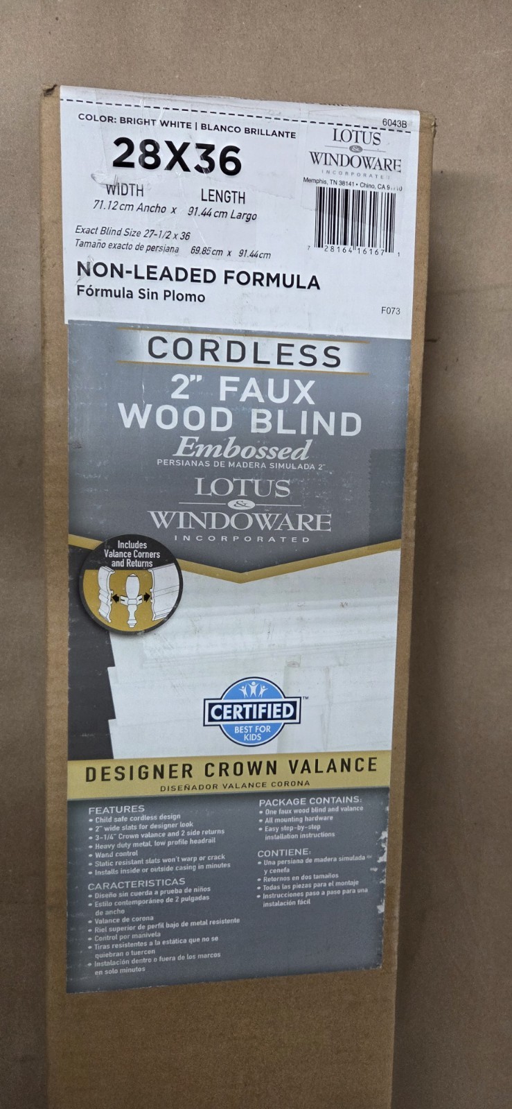 Lotus & Windoware Cordless, 2 Inch Faux Wood Blind, 28″ Wide x 36″ Long, Window