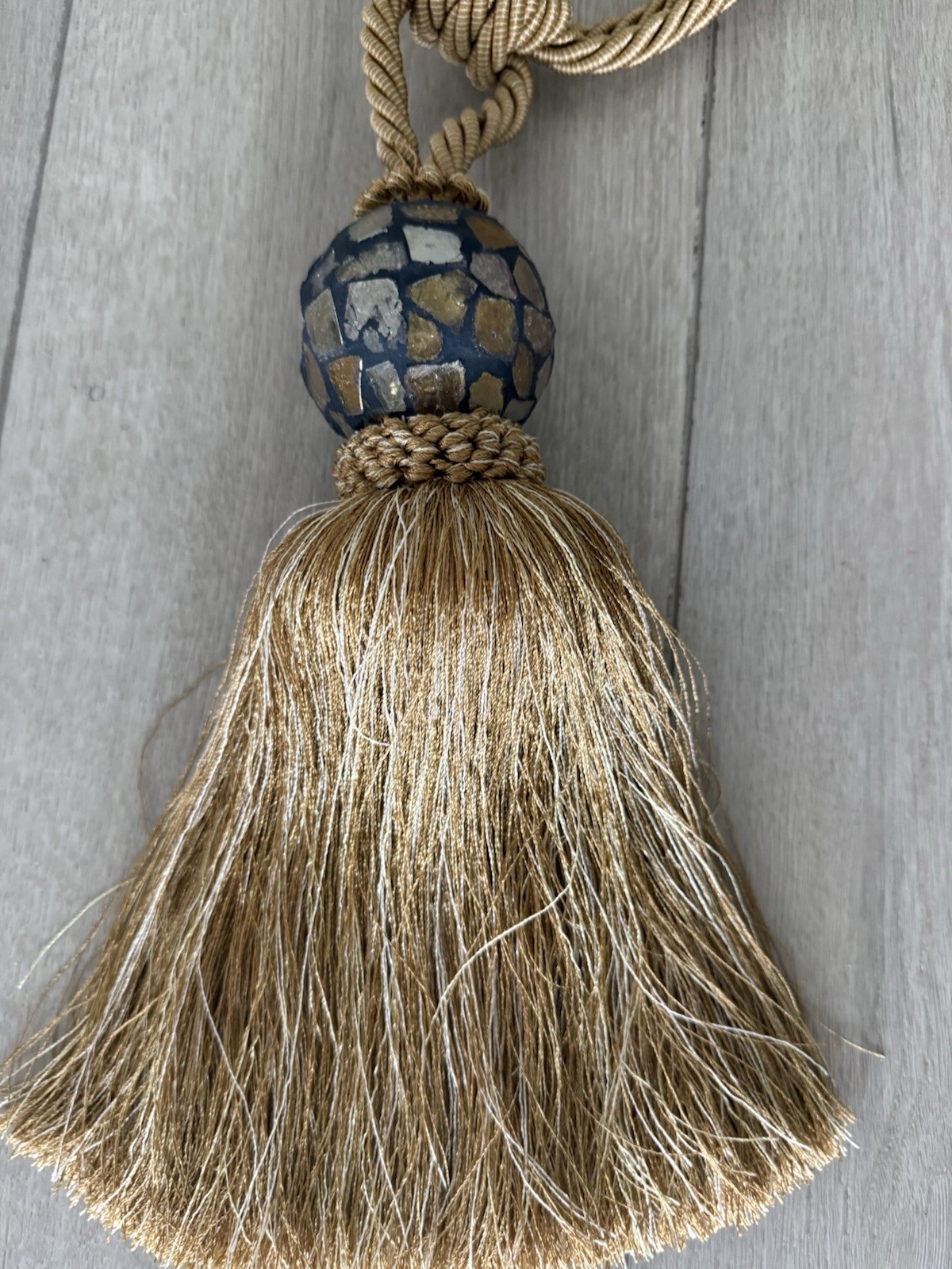 Vintage Decorative Curtain Tieback Gold Tone Rope Tassel with Mosaic Tile Accent