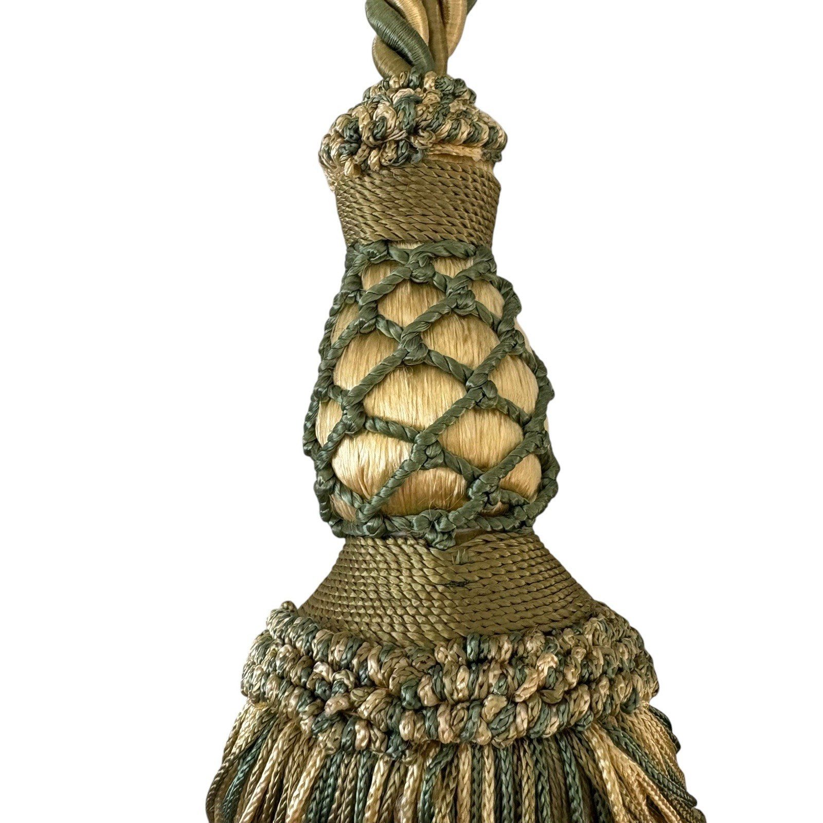 2 Decopro Drapery Curtain Tiebacks Green & Gold Woven Braided Knot Tassels