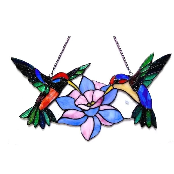 Stained Glass Window Panel 18″ Wide x 8″ Tall Hummingbirds Tiffany Style