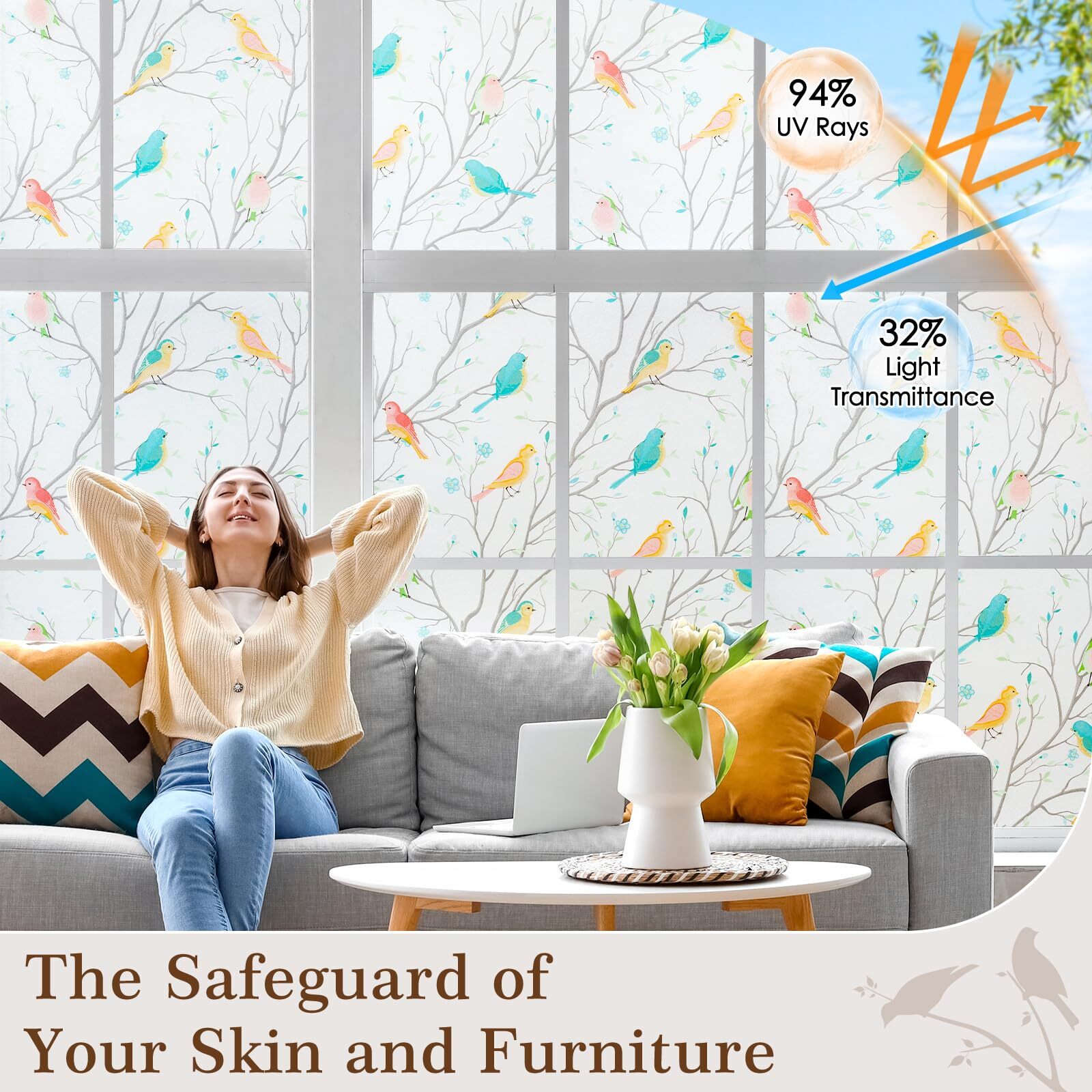 rabbitgoo Window Privacy Film Frosted Glass Static Cling Bird Stick UV Blocking