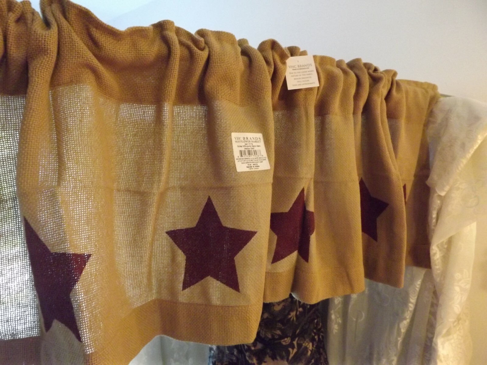 new Primitive BURLAP w/ BURGANDY STARS Valance FARMHOUSE COUNTRY 60″W NIP