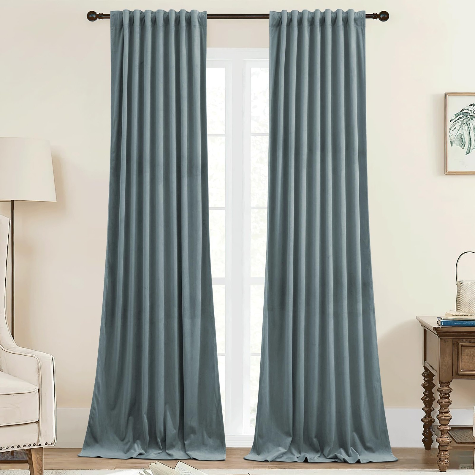 Stone Blue Velvet Curtains 90 inches Long for Living Room, Back Tab Light Blo…