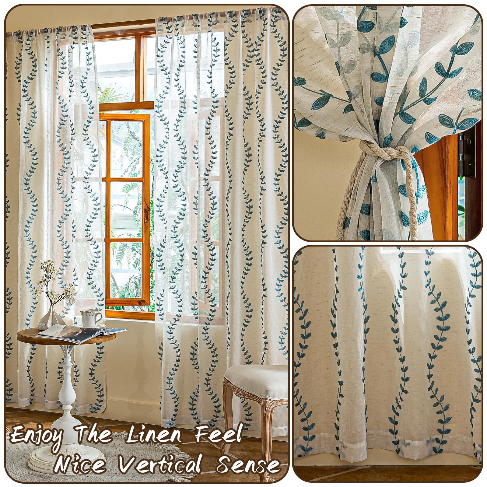 2 Panels Linen Leaf String Floral Embroidered Semi Sheer Curtain Farmhouse Vo…