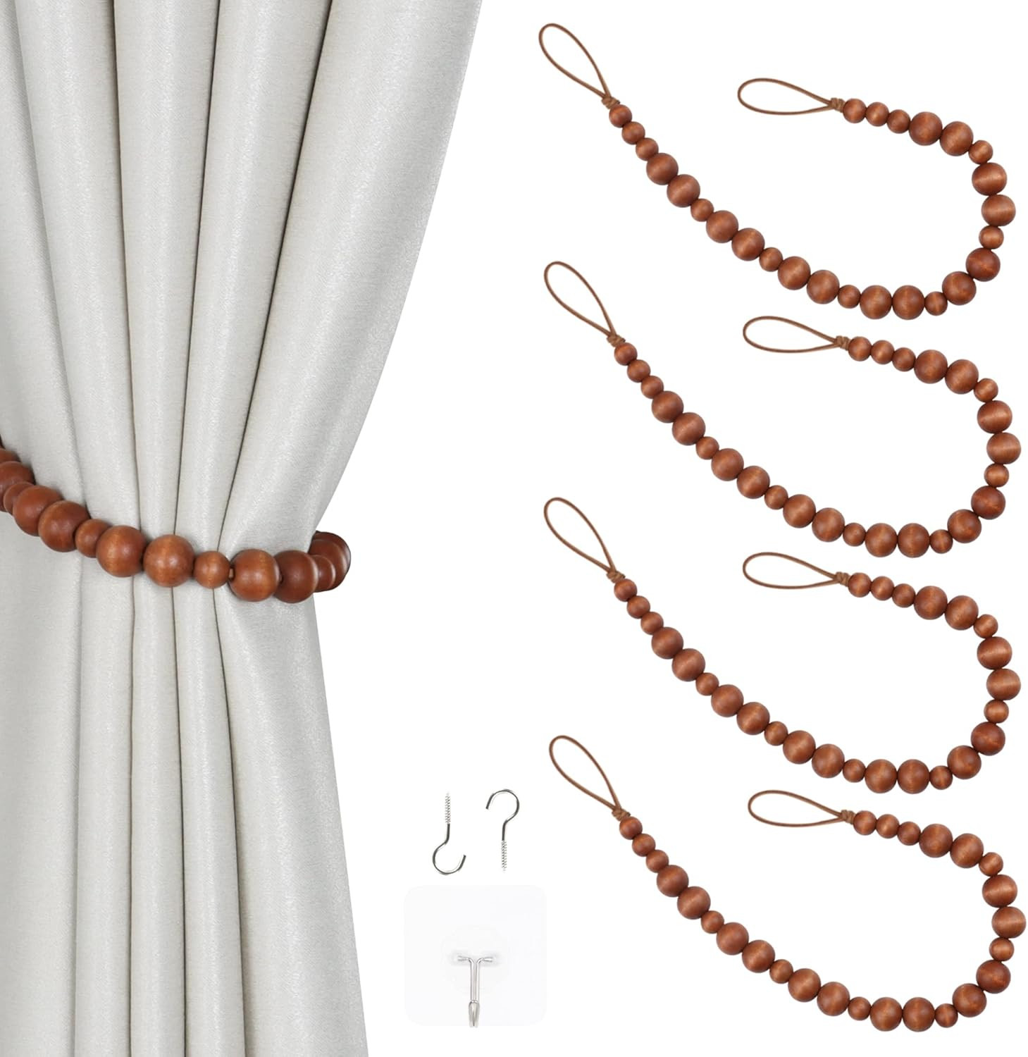 2 Pieces Curtain Tieback Wood Bead Curtain Tiebacks Curtain Holdbacks for Wall C