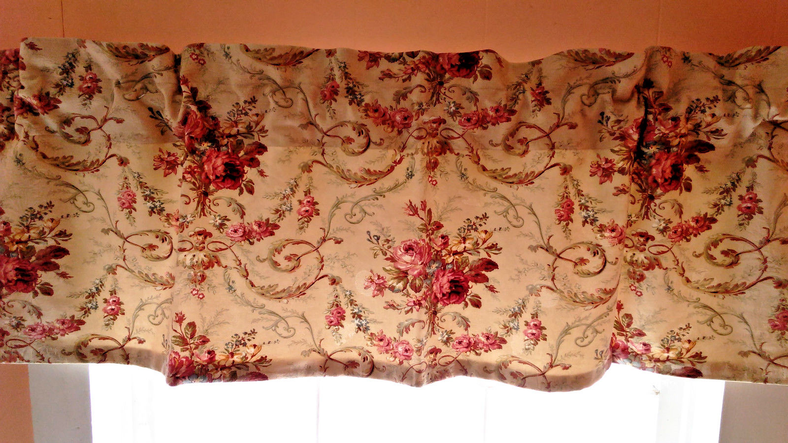 WAVERLY “TEA ROSE” CUSTOM LINED VALANCES- 3 AVAILABLE – COTTON BROCADE FINISH