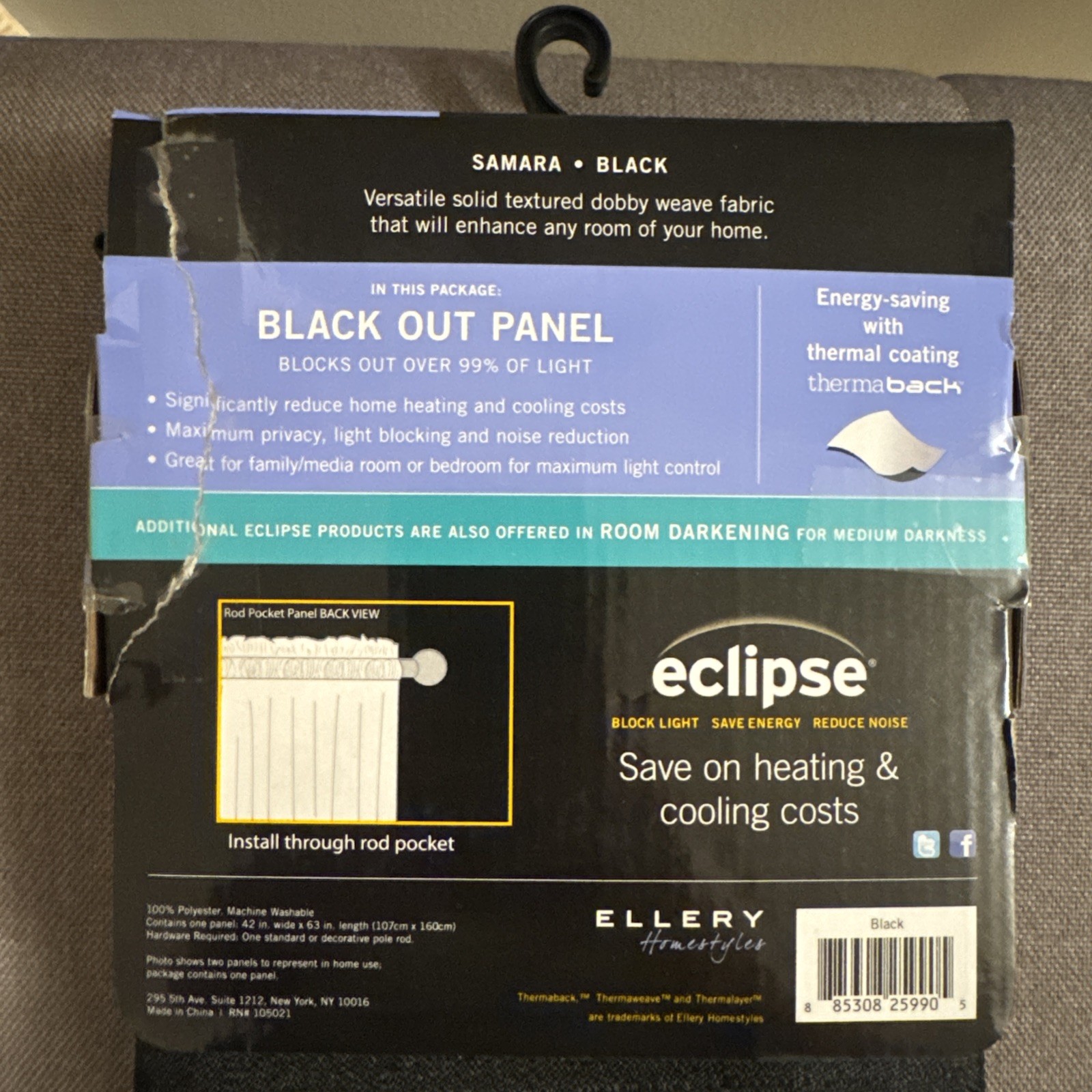 Eclipse Samara Blackout Energy-Efficient Thermal Curtain Panel, 42″ x 63″ Black