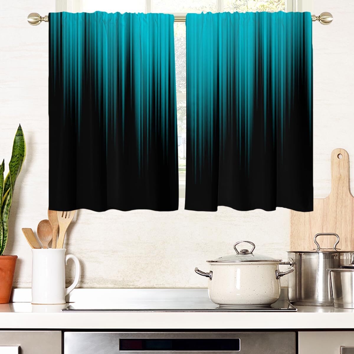 Teal and Black Window Curtains for Kitchen Turquoise Aqua Abstract Modern Two…