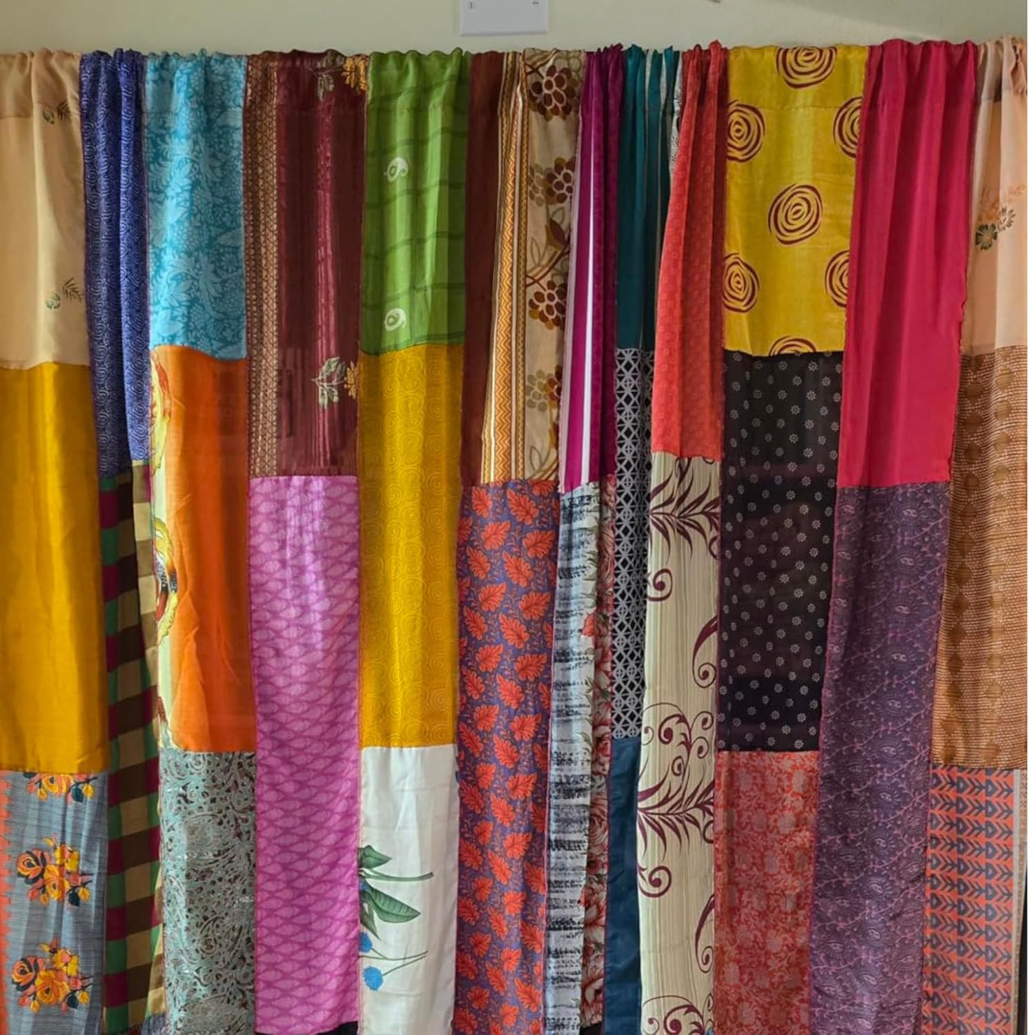 Indian Vintage Silk Blend Sari Patchwork Curtains – Handmade Multicolor Drapes,