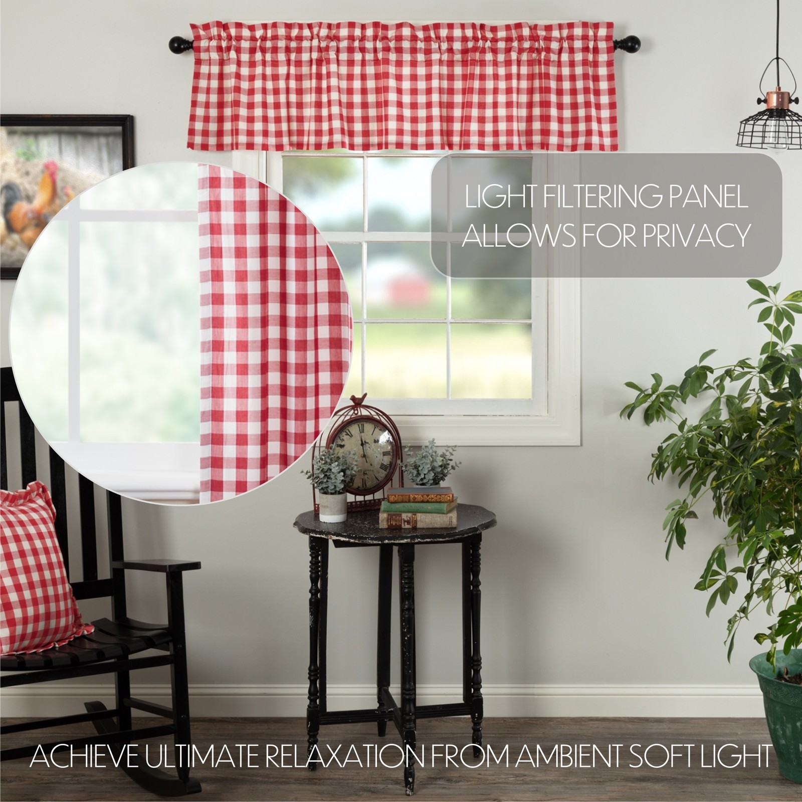 Annie Buffalo Check Red Curtain Set (1 Valance 16×72 ; 2 Tier 24×36) VHC Brands