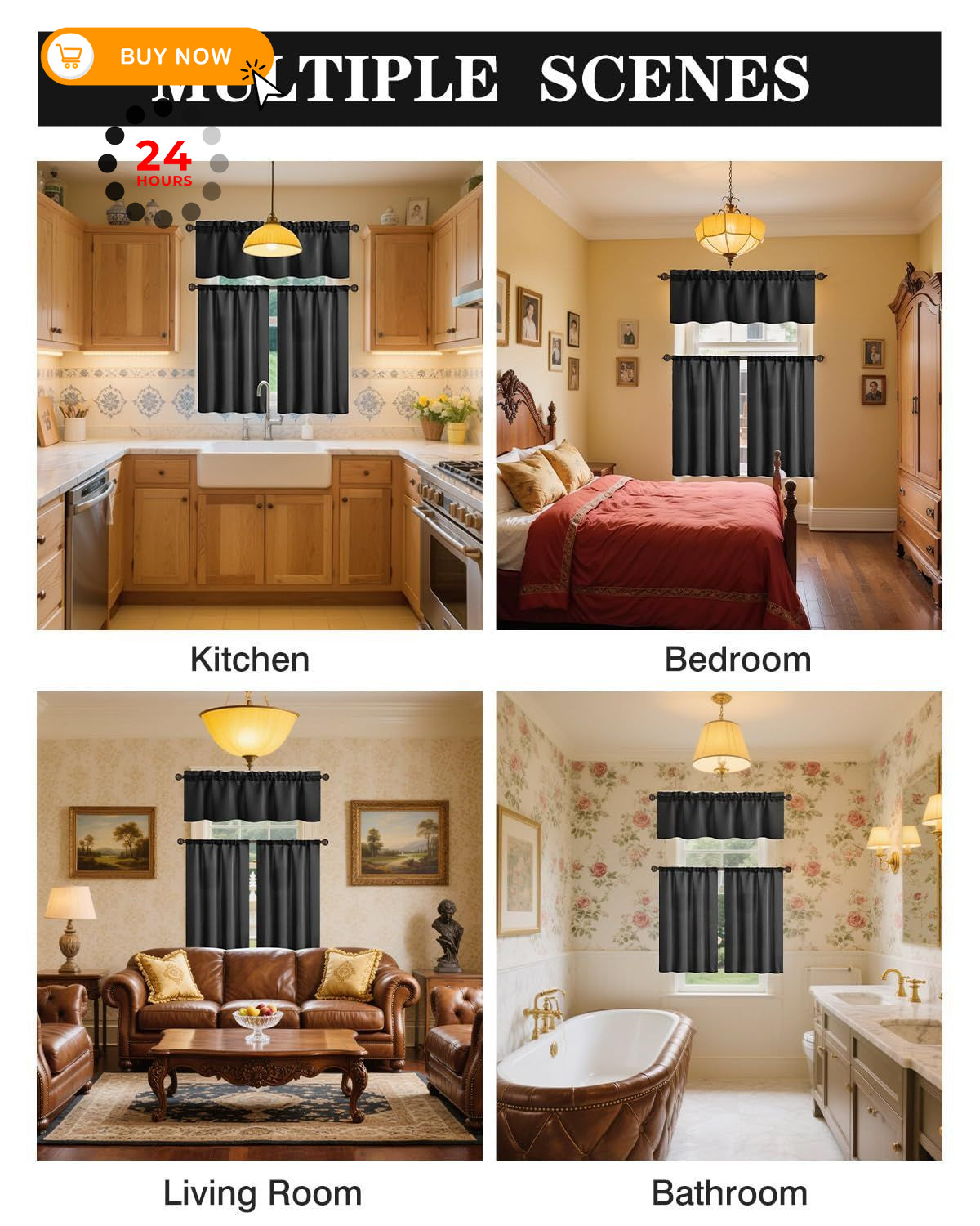 Easy Home Short Blackout Window Curtain Rod 27″W x 36″L (Pack of 2), Black