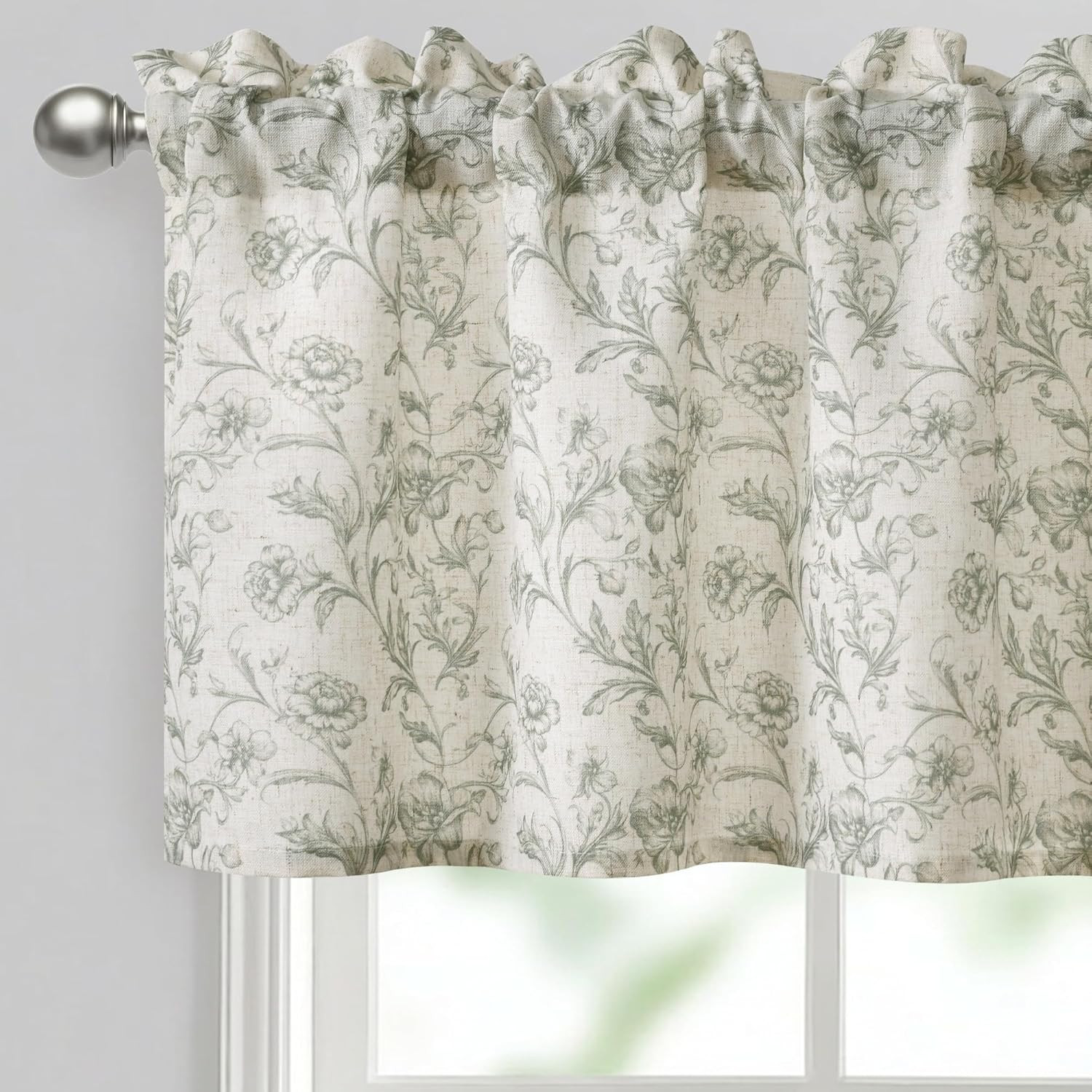 Thick Textured Linen Floral Valance for Kitchen/Living Room/Bedroom Window, Rod