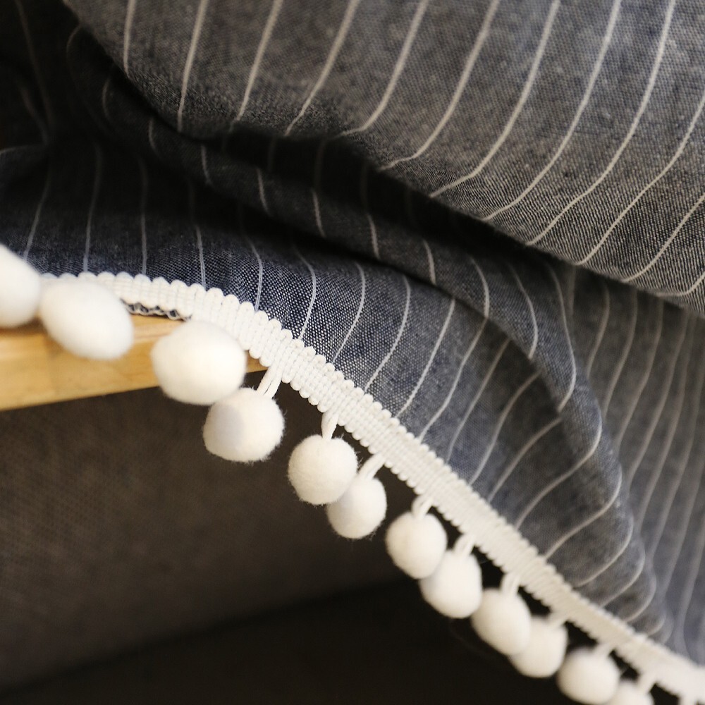 Rod Pocket Pom Pom Stripe Short Curtain for Cabinet Kitchen Window Drape Valance