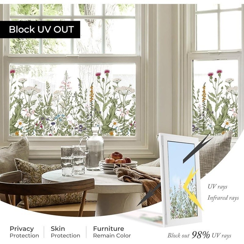 Vibrant Double-Sided Window Film Floral Decals Easy Application Home Decor New