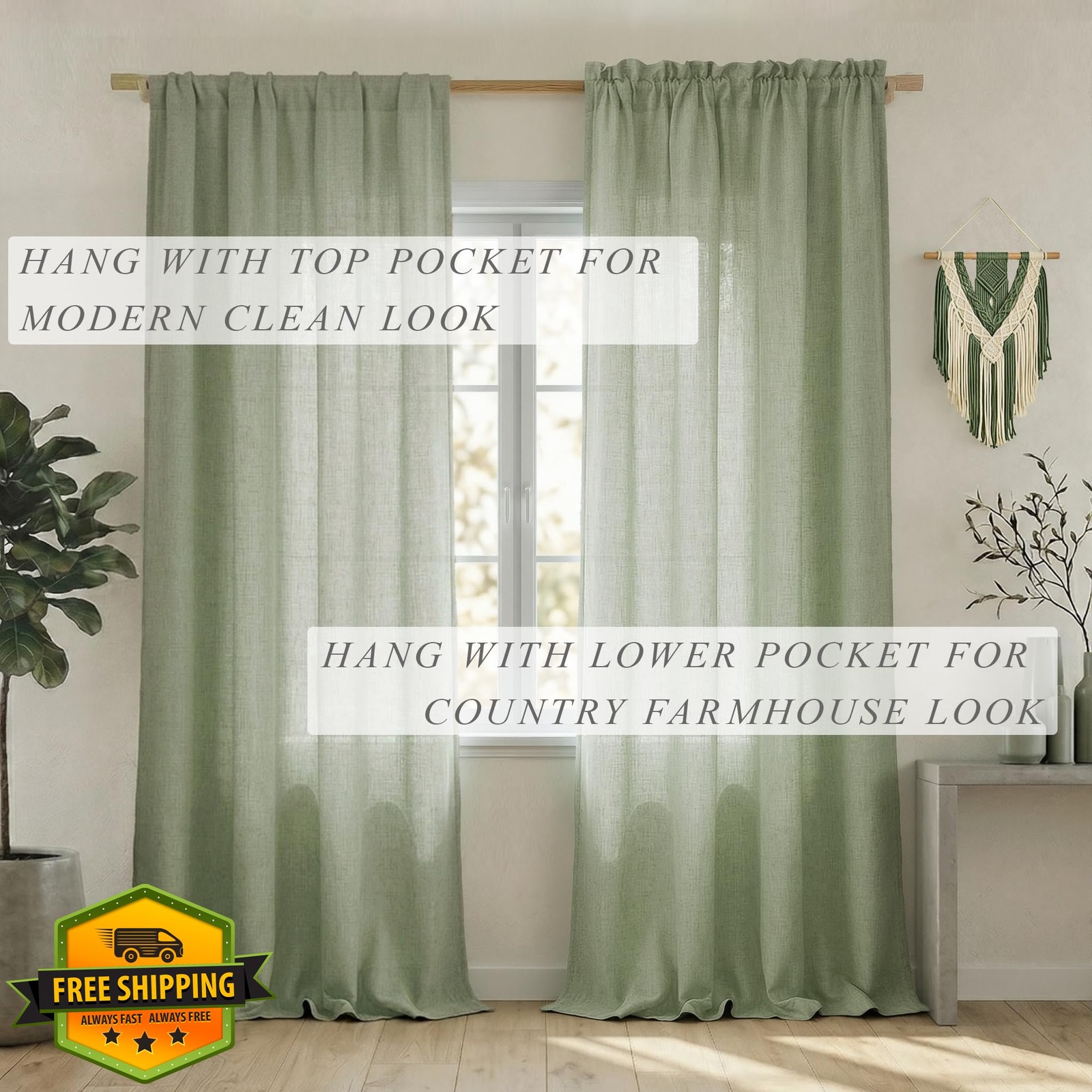 Mrs.Naturall Sage Green Curtains 96 Inches Long 2 Panel Set, Organic Linen Mo…