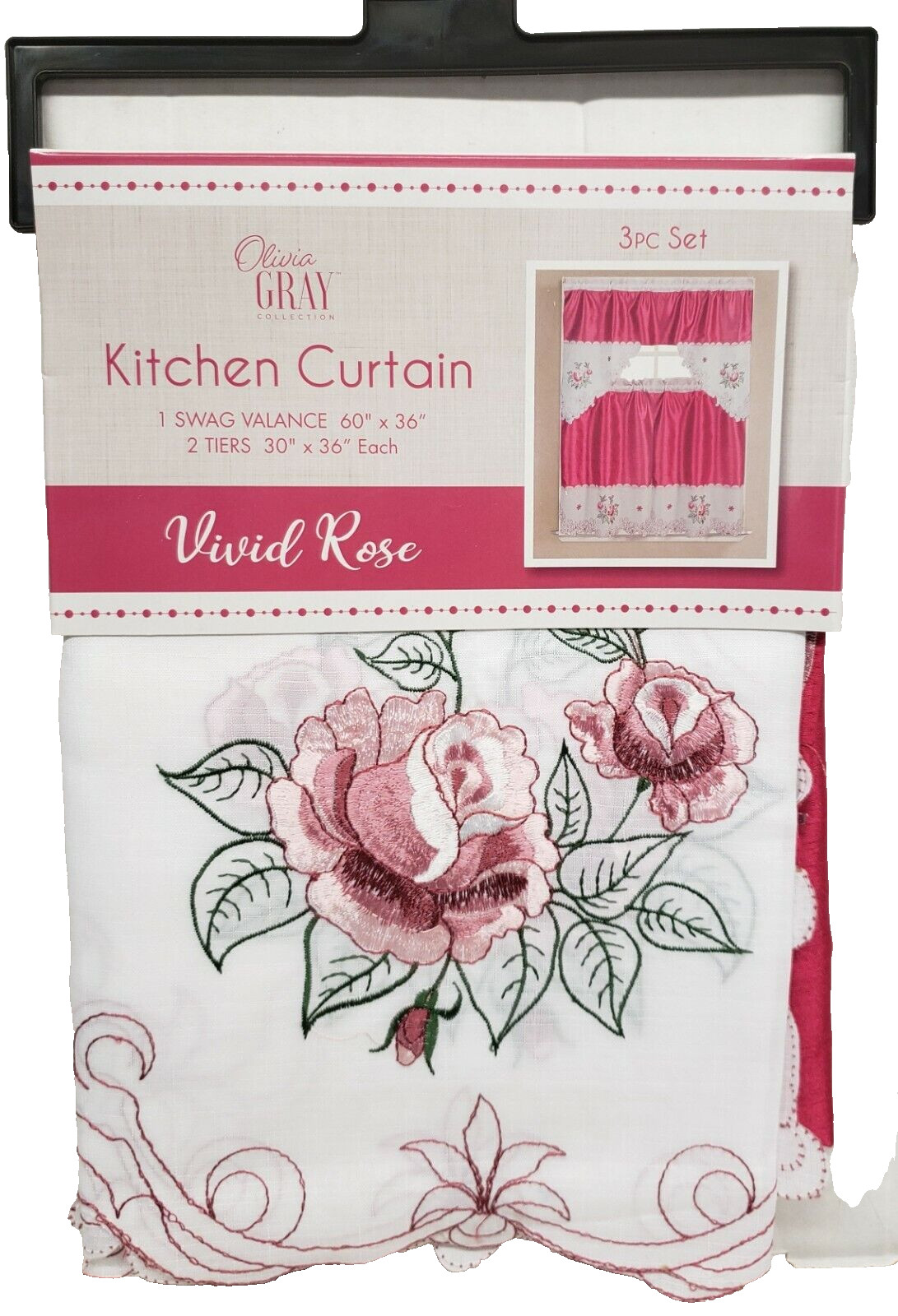 3pc. Embroidered Curtains Set: 2 Tiers & Swag (60″x36″) VIVID ROSE FLOWERS,OG,RT