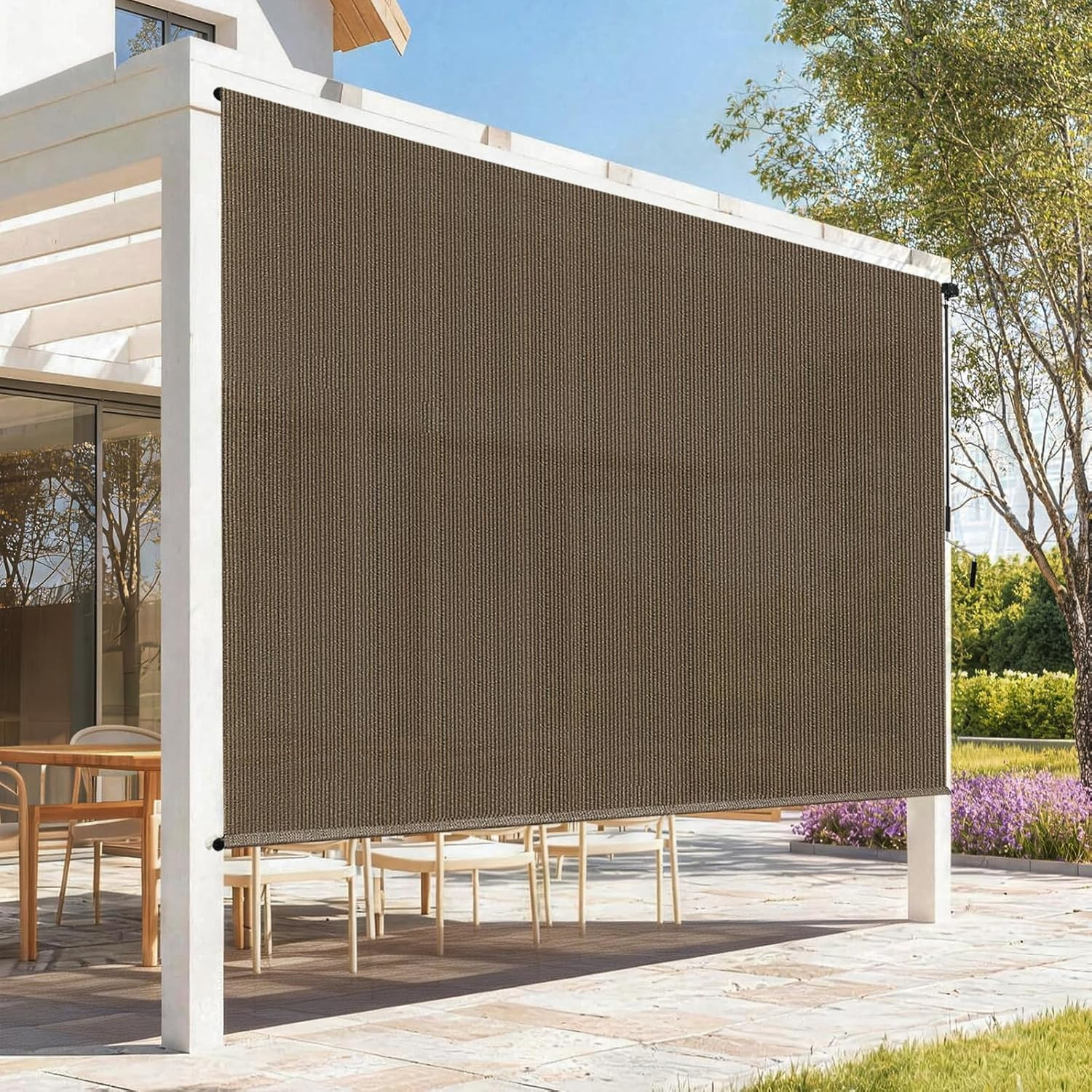 Mocha Outdoor Roller Shades 10′ W x 8′ H – 90% UV Protection Blinds