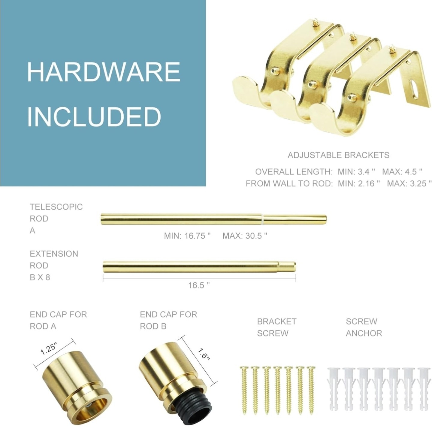 Adjustable Curtain Rods For Windows 16 to 144 Inches, 1 Inch Diameter, Gold, NEW