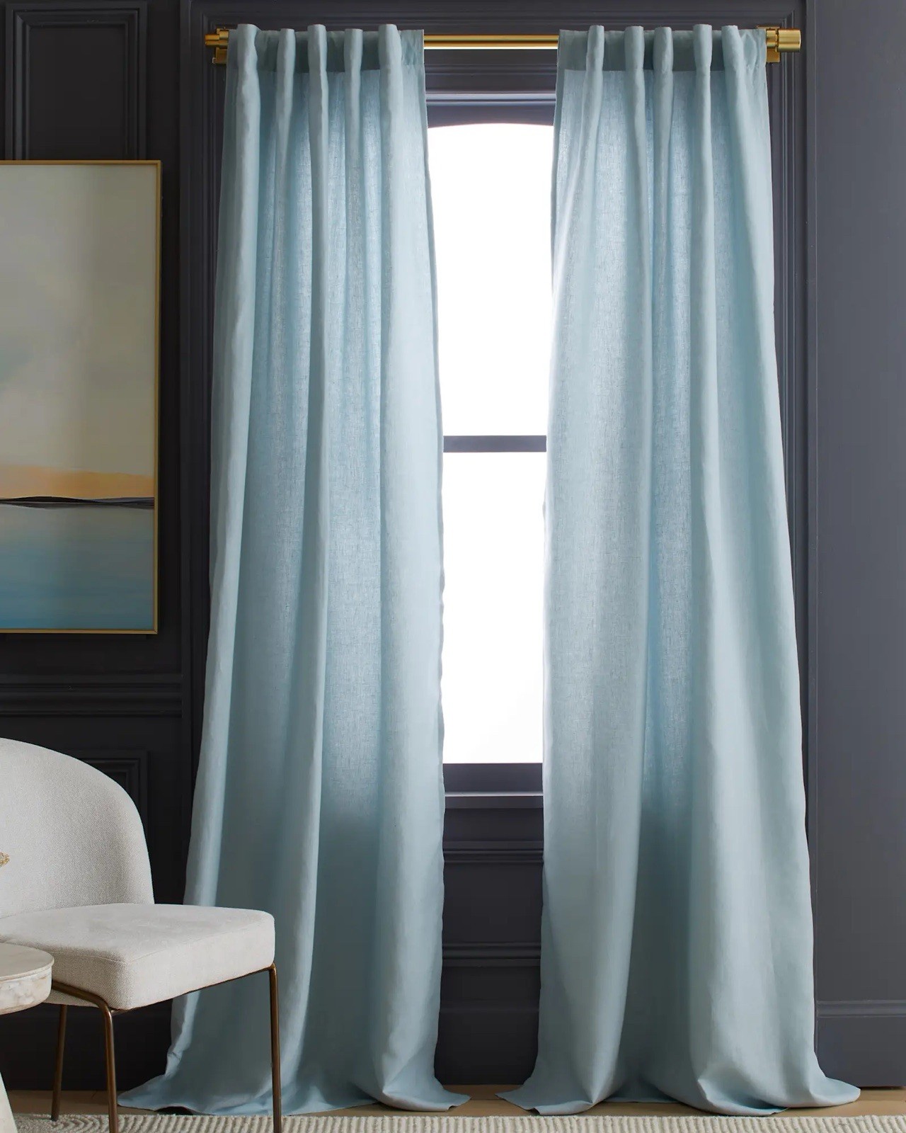 Quince European Linen Curtain Panel Light Blue Light Filtering 48×96