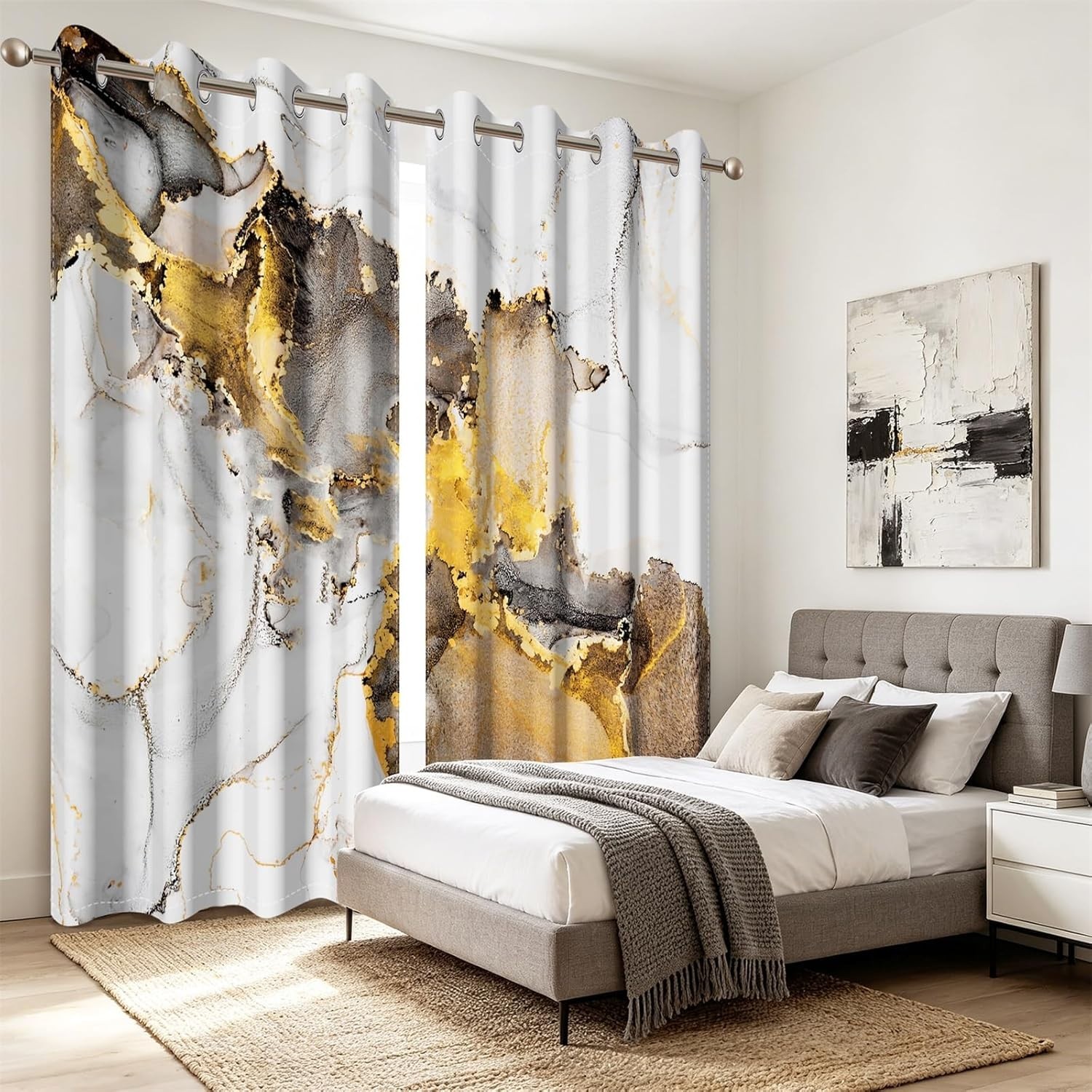 White Grey Gold Marble Abstract Art Fluid Golden Luxury Marble Thermal 53Wx84H