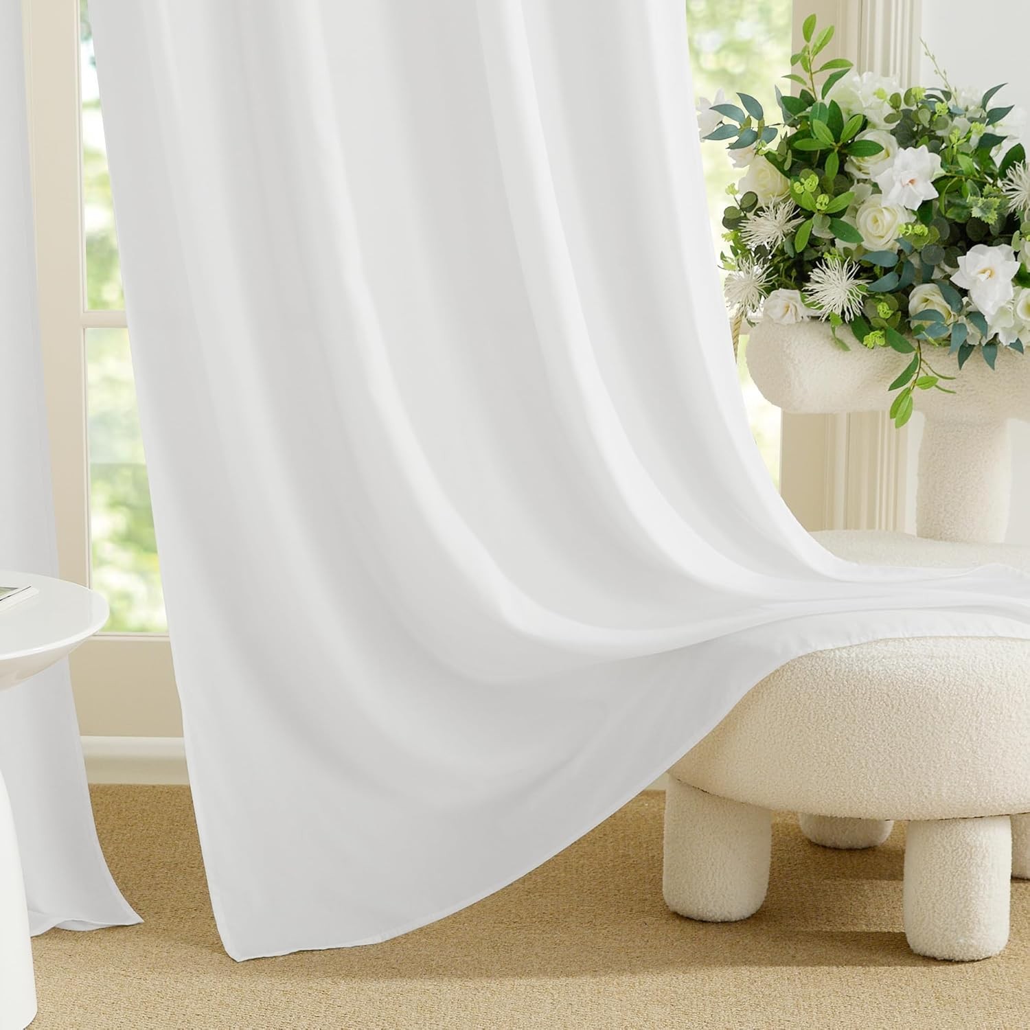 Non-See-Through White Privacy Sheer Curtains 96 inches Long 2 Panels, 52″ Wide