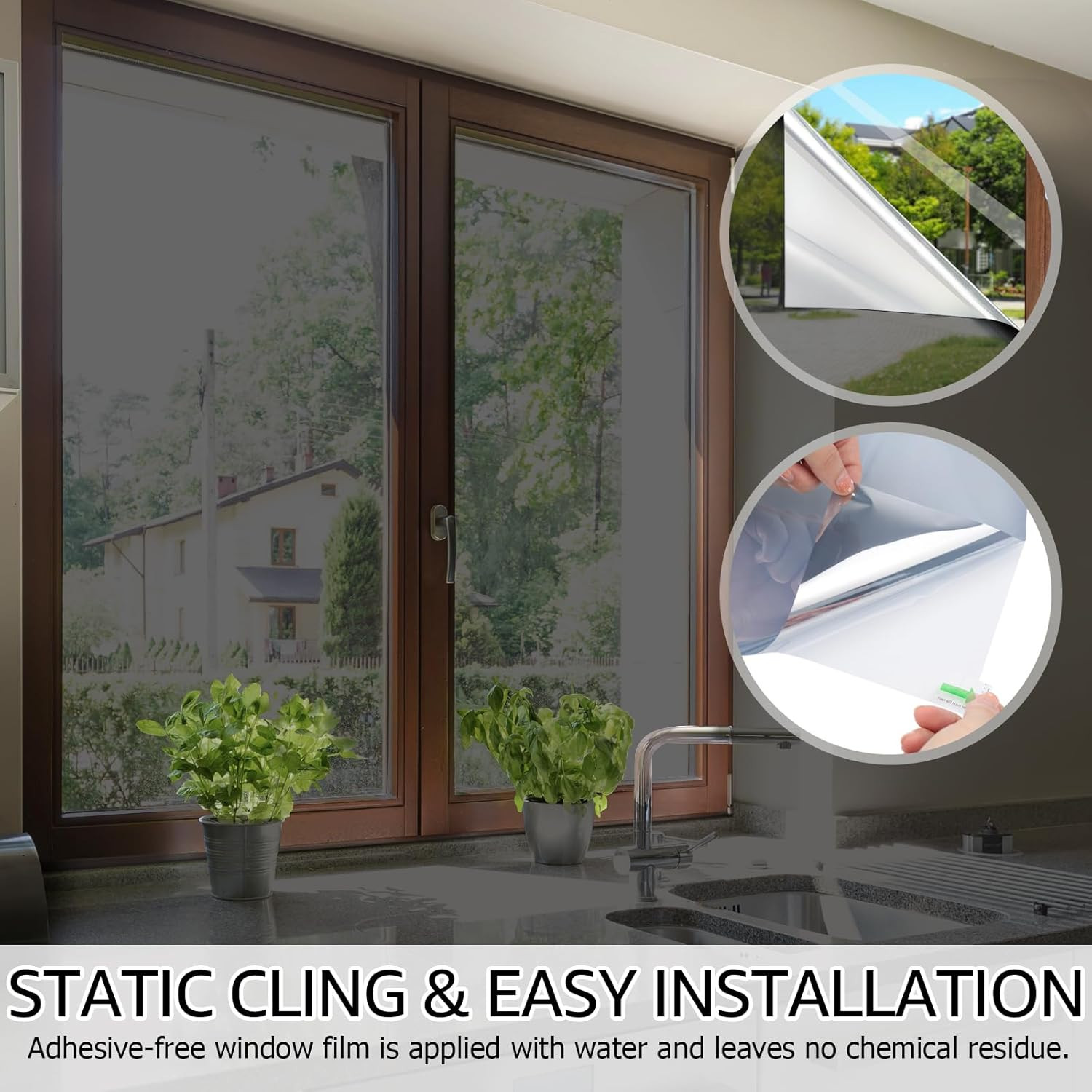 One Way Window Film, Daytime Privacy Sun Blocking Reflective Window Film No Glue