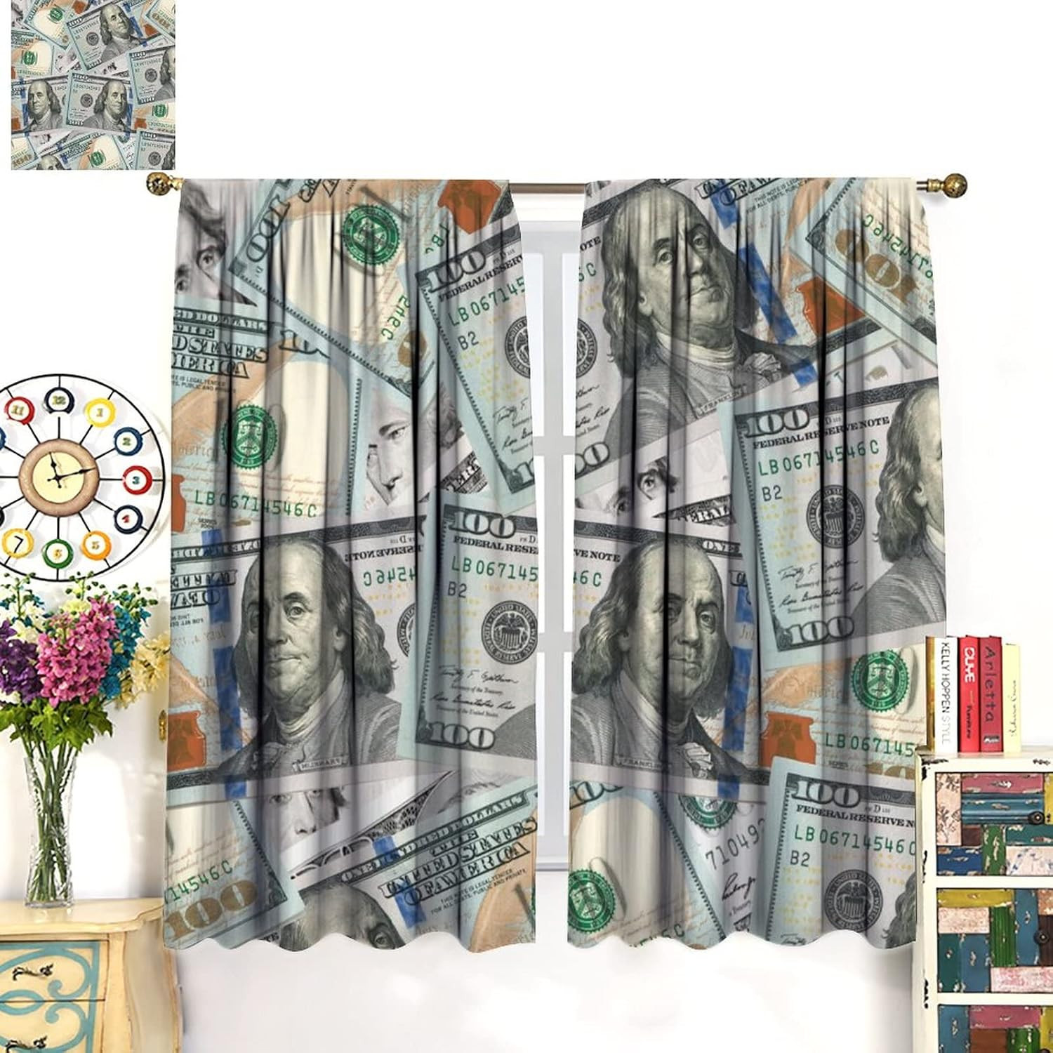 Money Print Blackout Curtains for Bedroom – Retro United States Money 100 Dollar