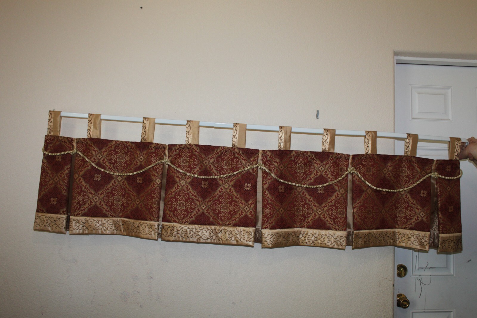 Tab top valances burgandy gold pleated.