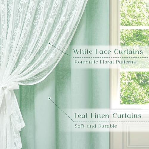 Linen Curtains for Bedroom 52″W x 63″L (Pack of 2) Mint Green Light Filtering