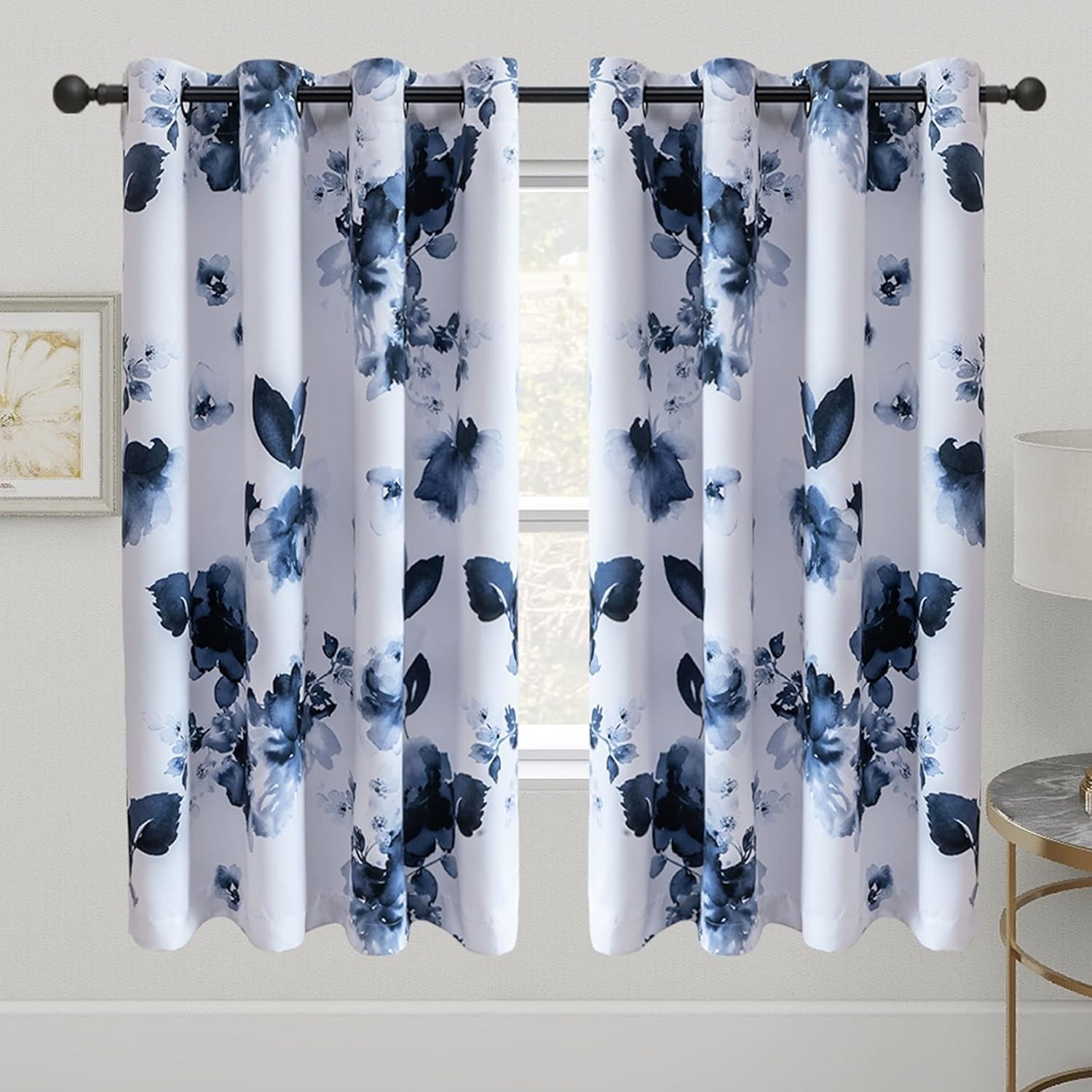 54-Inch Grommet Room Darkening Curtains – Elegant Chinese Ink Floral Design