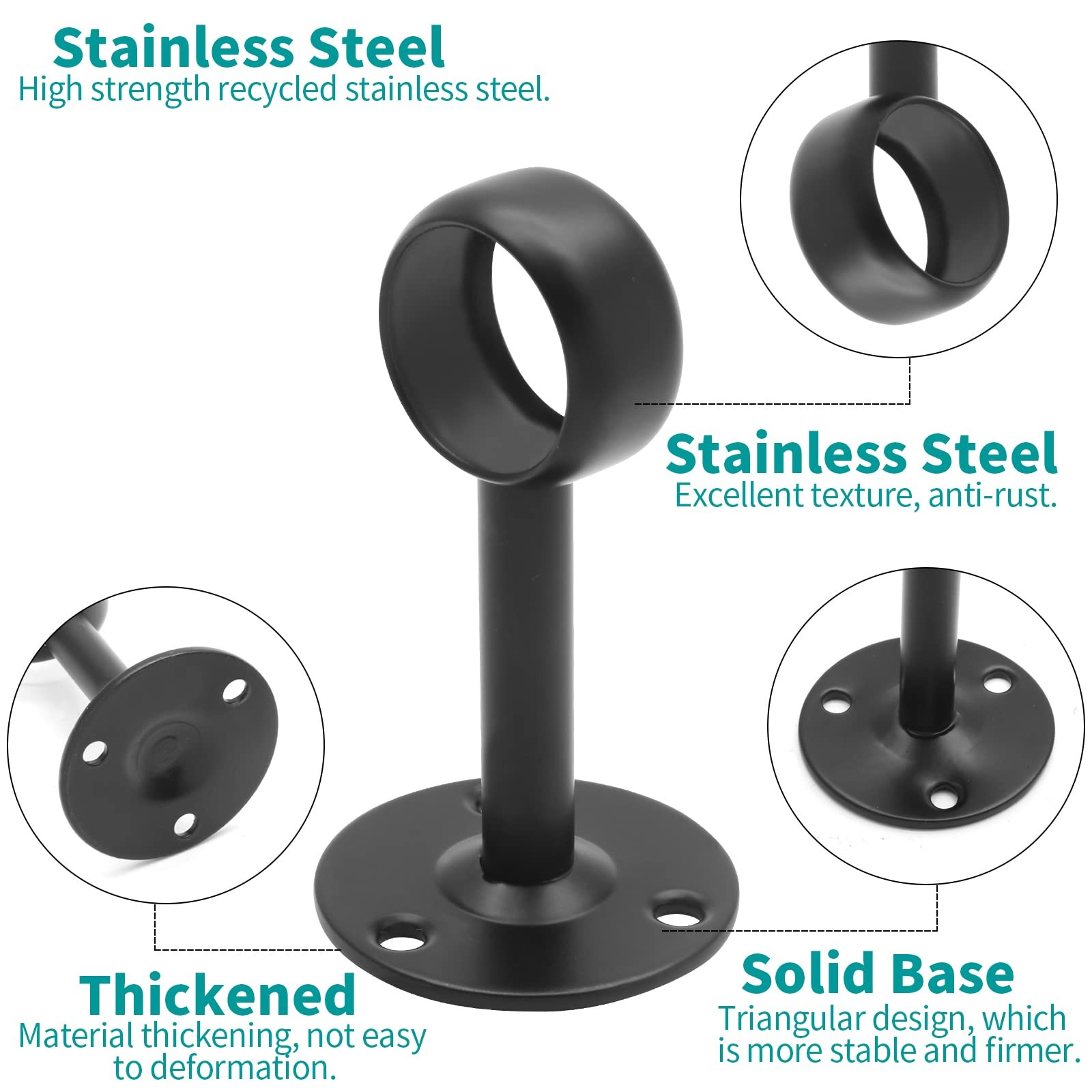 4 PCS Black Ceiling Mount Curtain Rod Brackets 11/4 Inch Stainless Steel